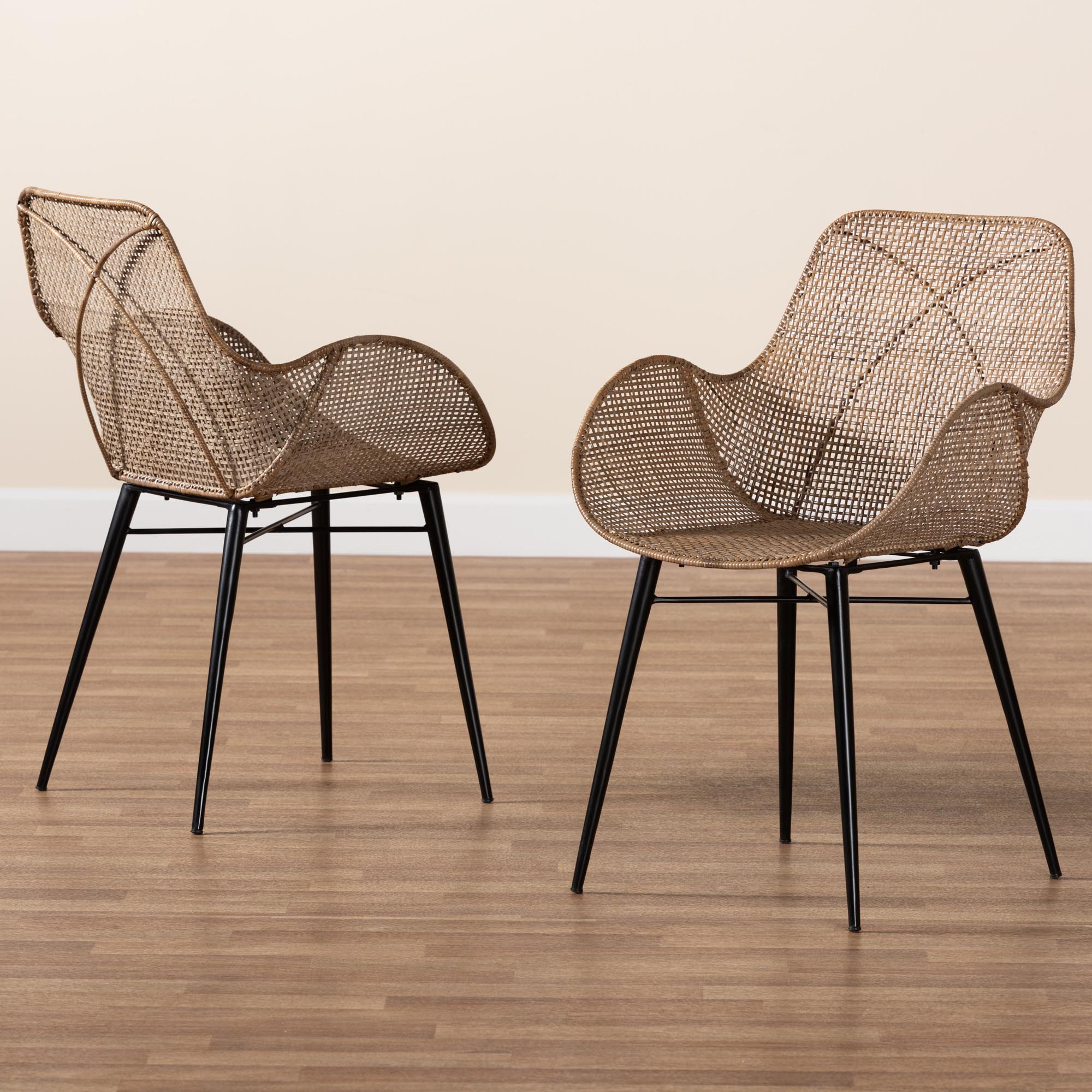 bali & pari Ballerina Modern Bohemian Greywashed Rattan and Black Metal 2-Piece Dining Chair Set
