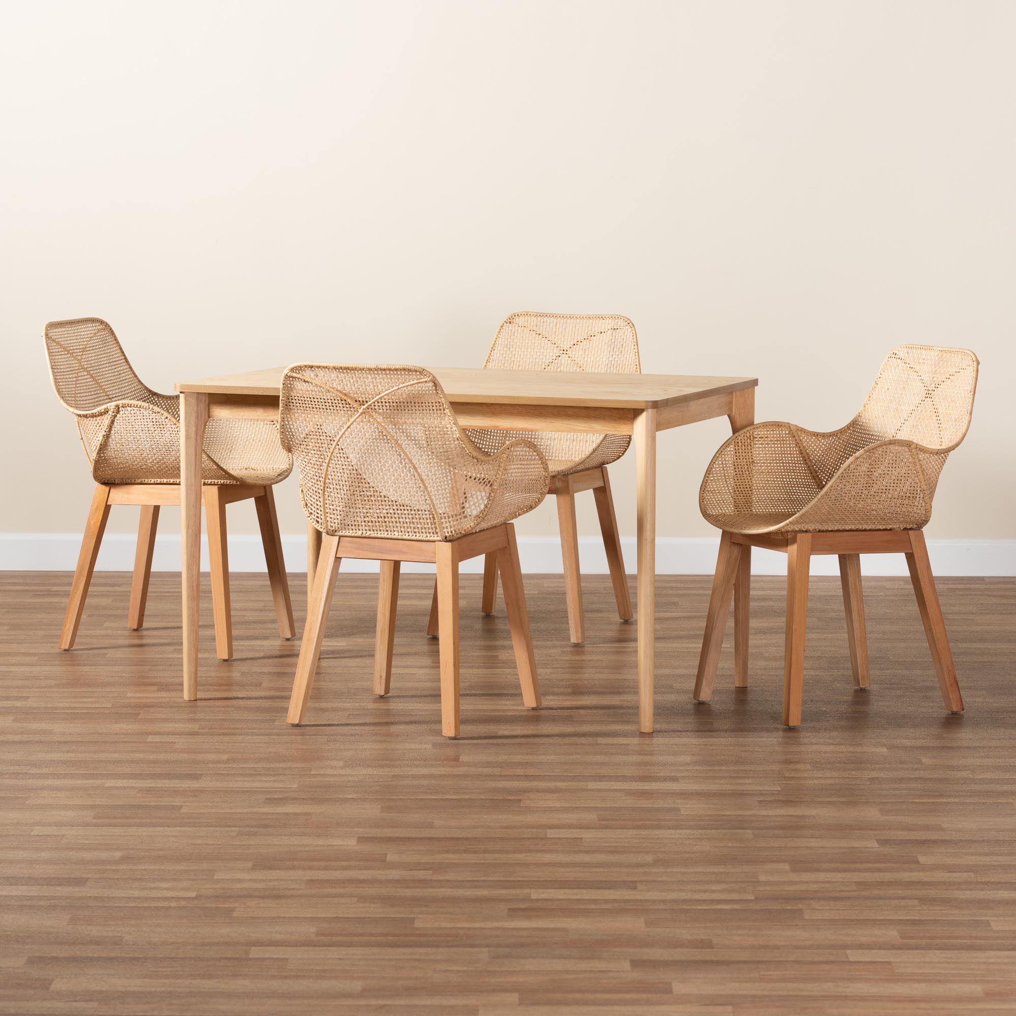 Baxton Studio Ballerina Japandi Natural Brown Mahogany Wood and Rattan 5-Piece Dining Set