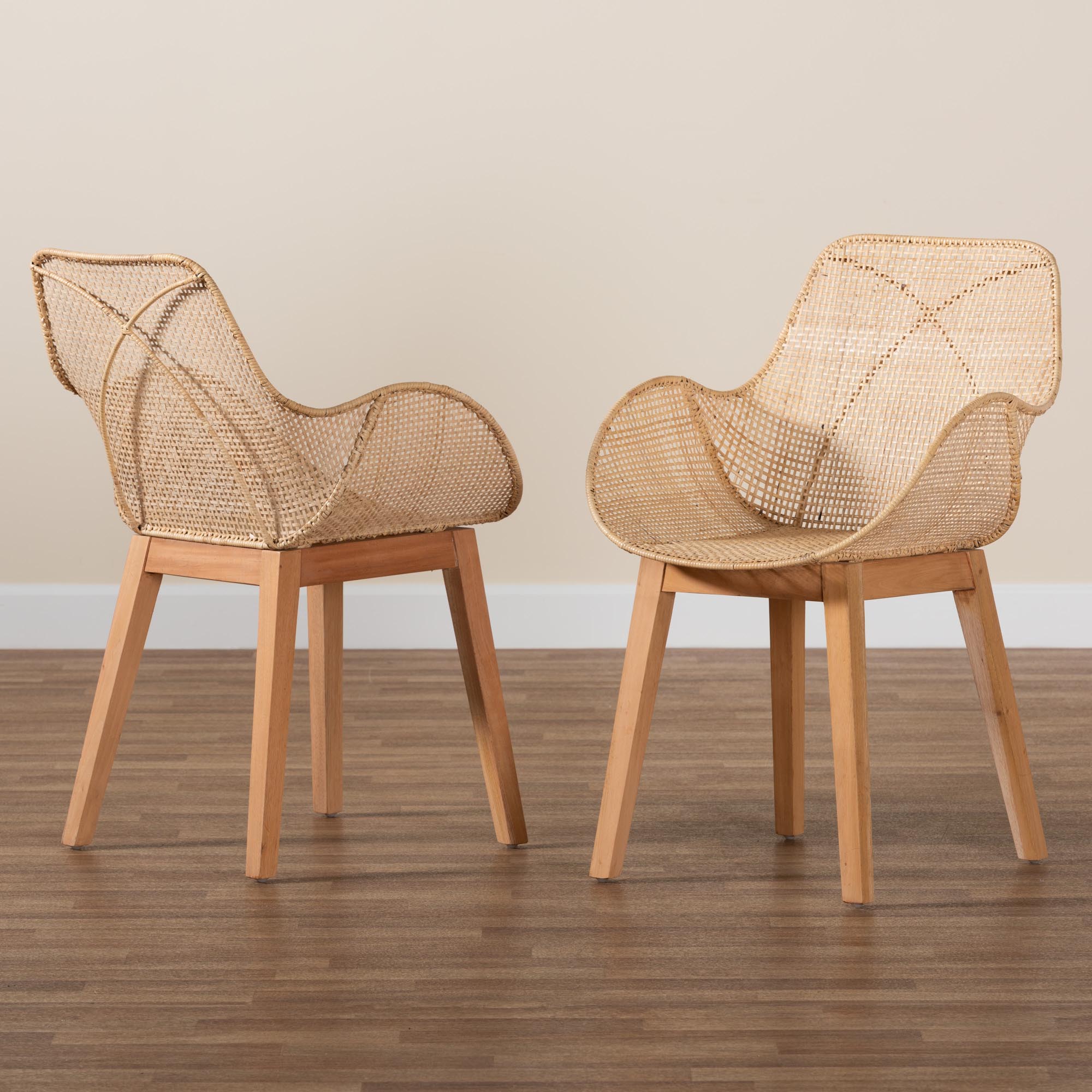 bali & pari Ballerina Japandi Natural Brown Finished Mahogany Wood and Rattan 2-Piece Dining Chair Set