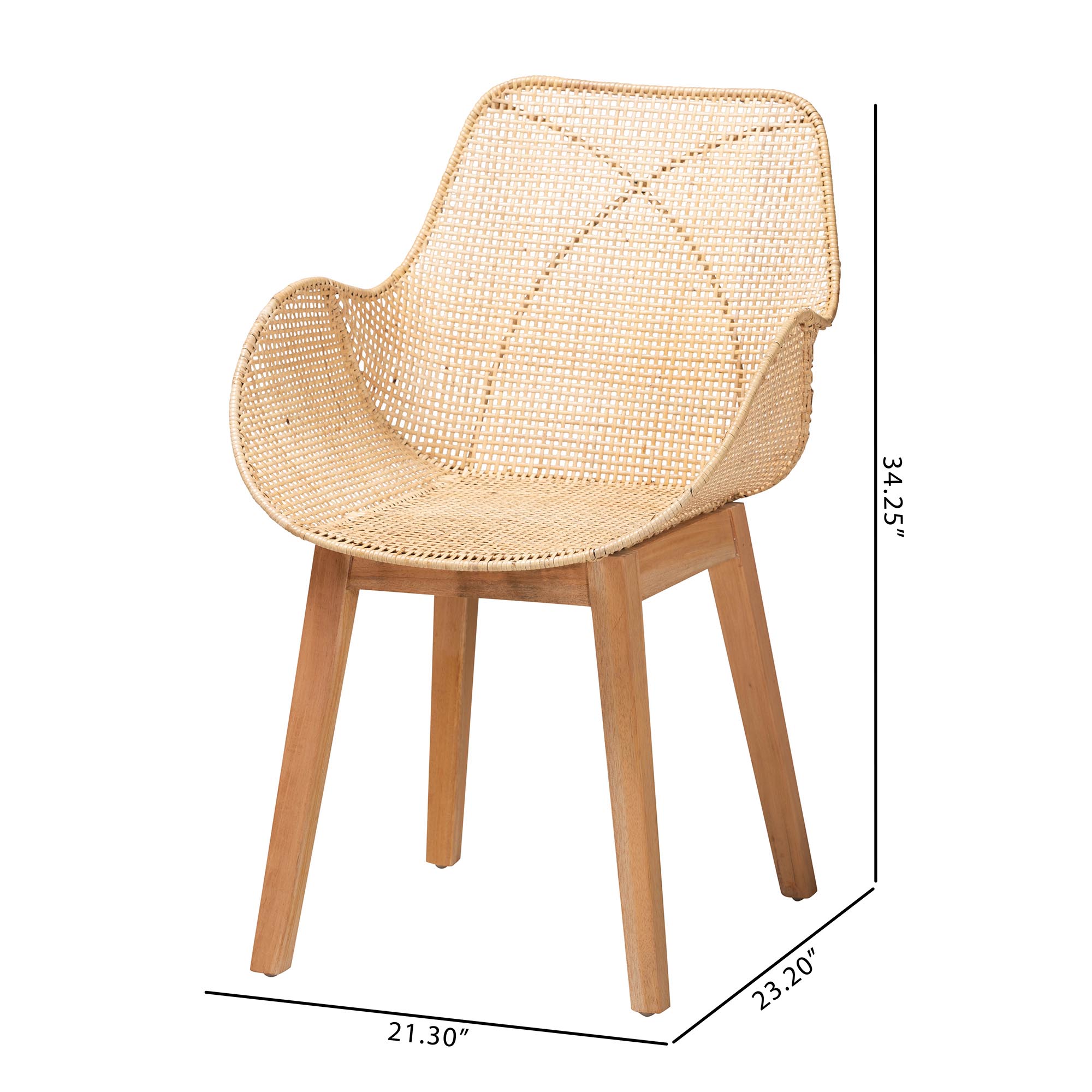 bali & pari Ballerina Japandi Natural Brown Finished Mahogany Wood and Rattan 2-Piece Dining Chair Set