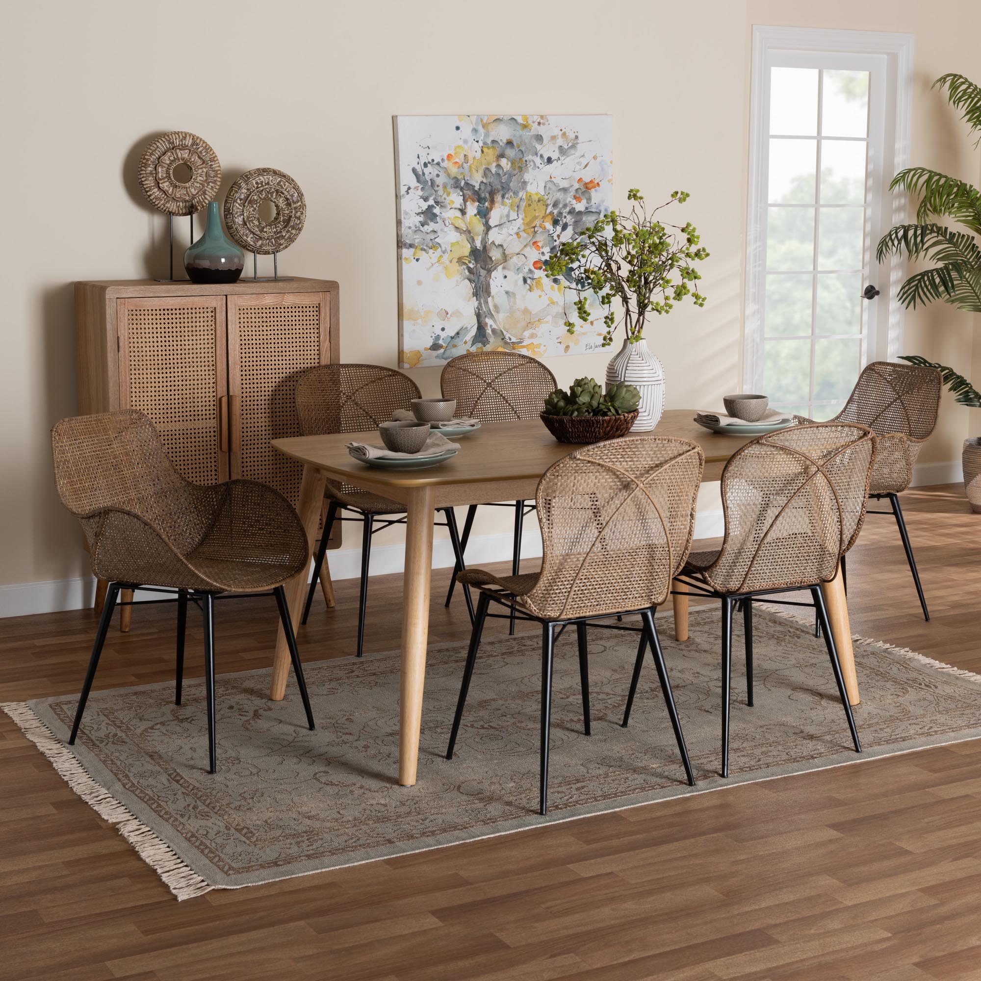 Baxton Studio Emmali Modern Bohemian Greywashed Rattan and Natural Brown Finished Wood 7-Piece Dining Set