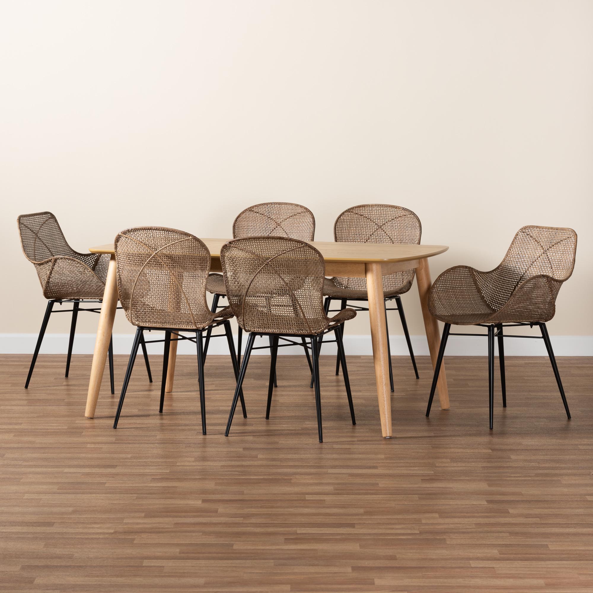 Baxton Studio Emmali Modern Bohemian Greywashed Rattan and Natural Brown Finished Wood 7-Piece Dining Set