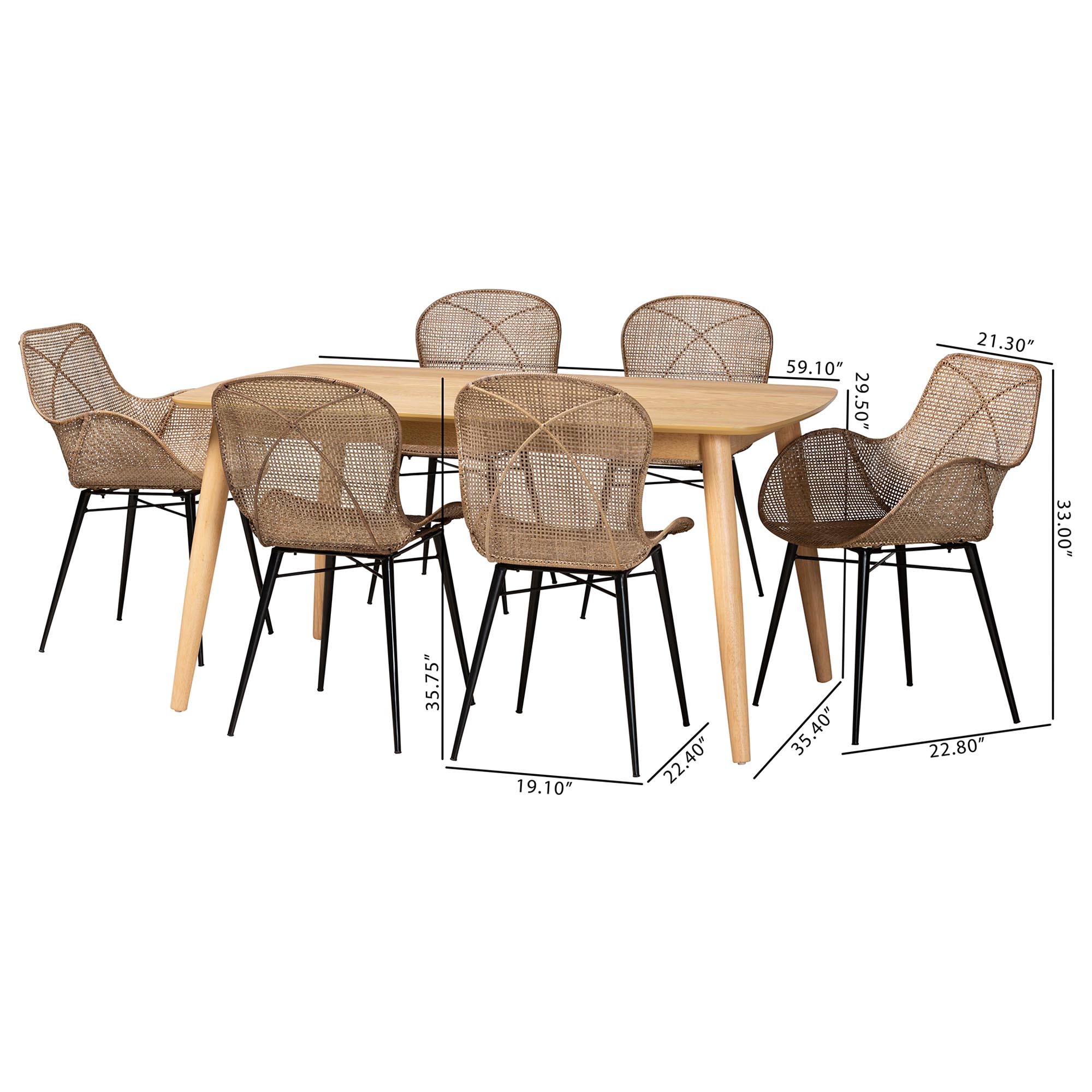 Baxton Studio Emmali Modern Bohemian Greywashed Rattan and Natural Brown Finished Wood 7-Piece Dining Set