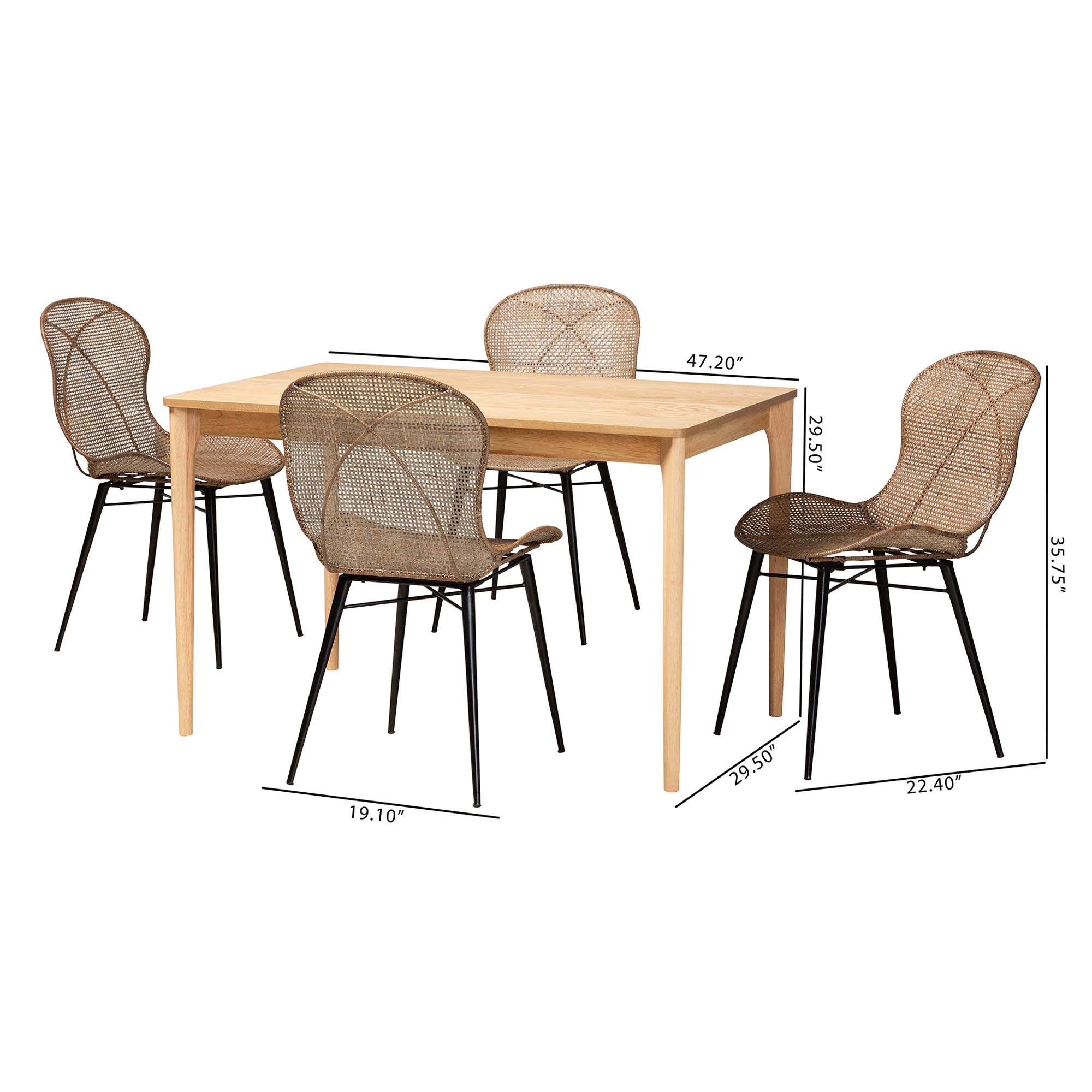 Baxton Studio Sabelle Japandi Natural Brown Finished Wood and Greywashed Rattan 5-Piece Dining Set