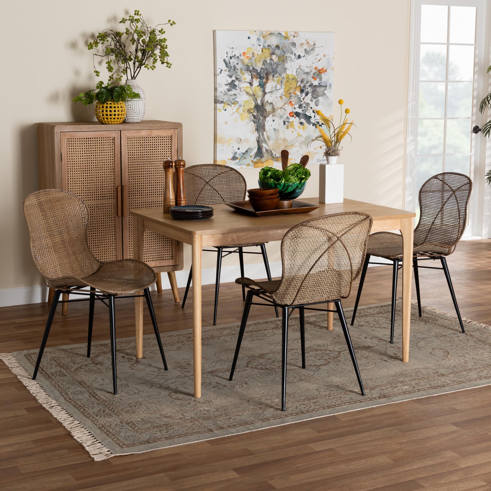 Baxton Studio Sabelle Japandi Natural Brown Finished Wood and Greywashed Rattan 5-Piece Dining Set