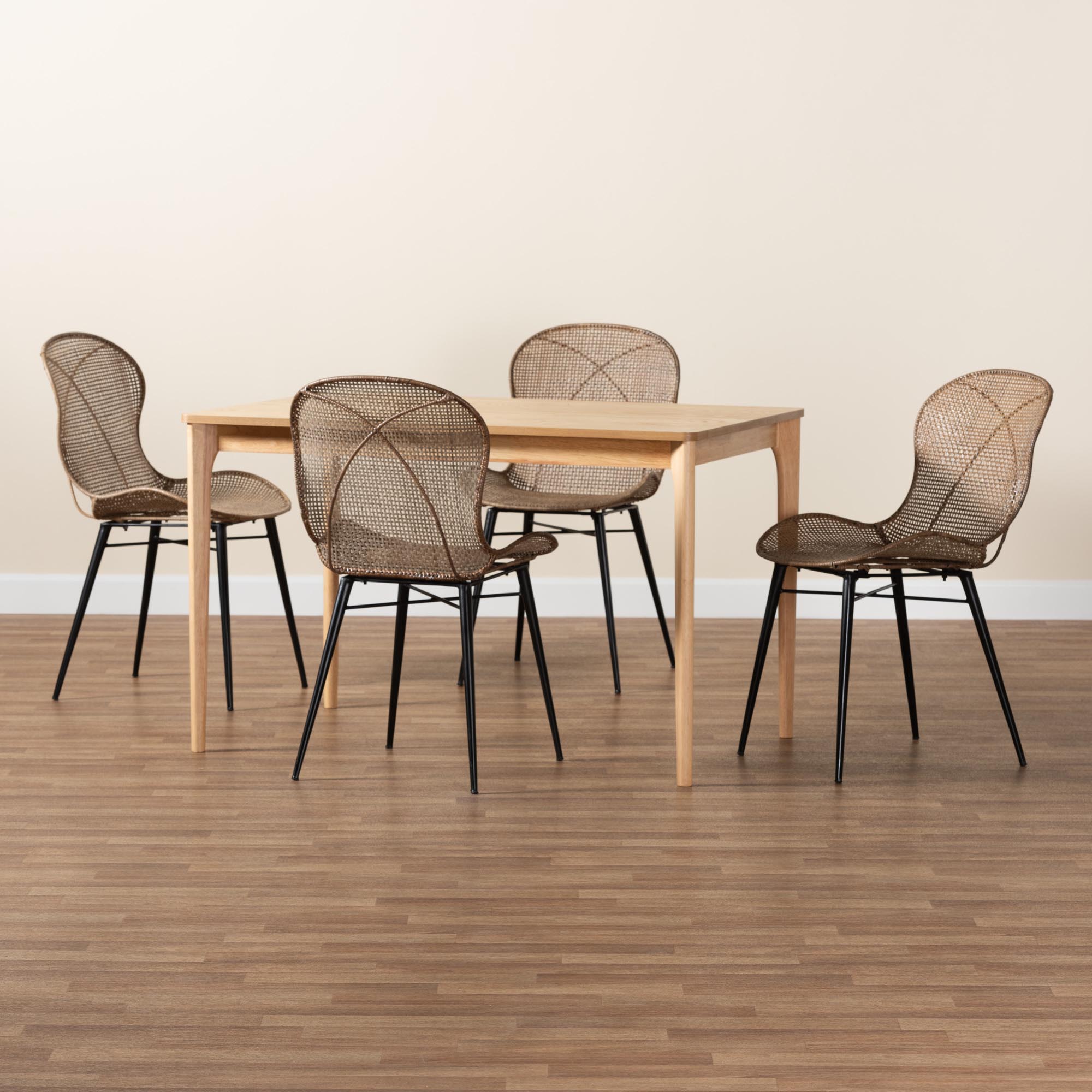 Baxton Studio Sabelle Japandi Natural Brown Finished Wood and Greywashed Rattan 5-Piece Dining Set