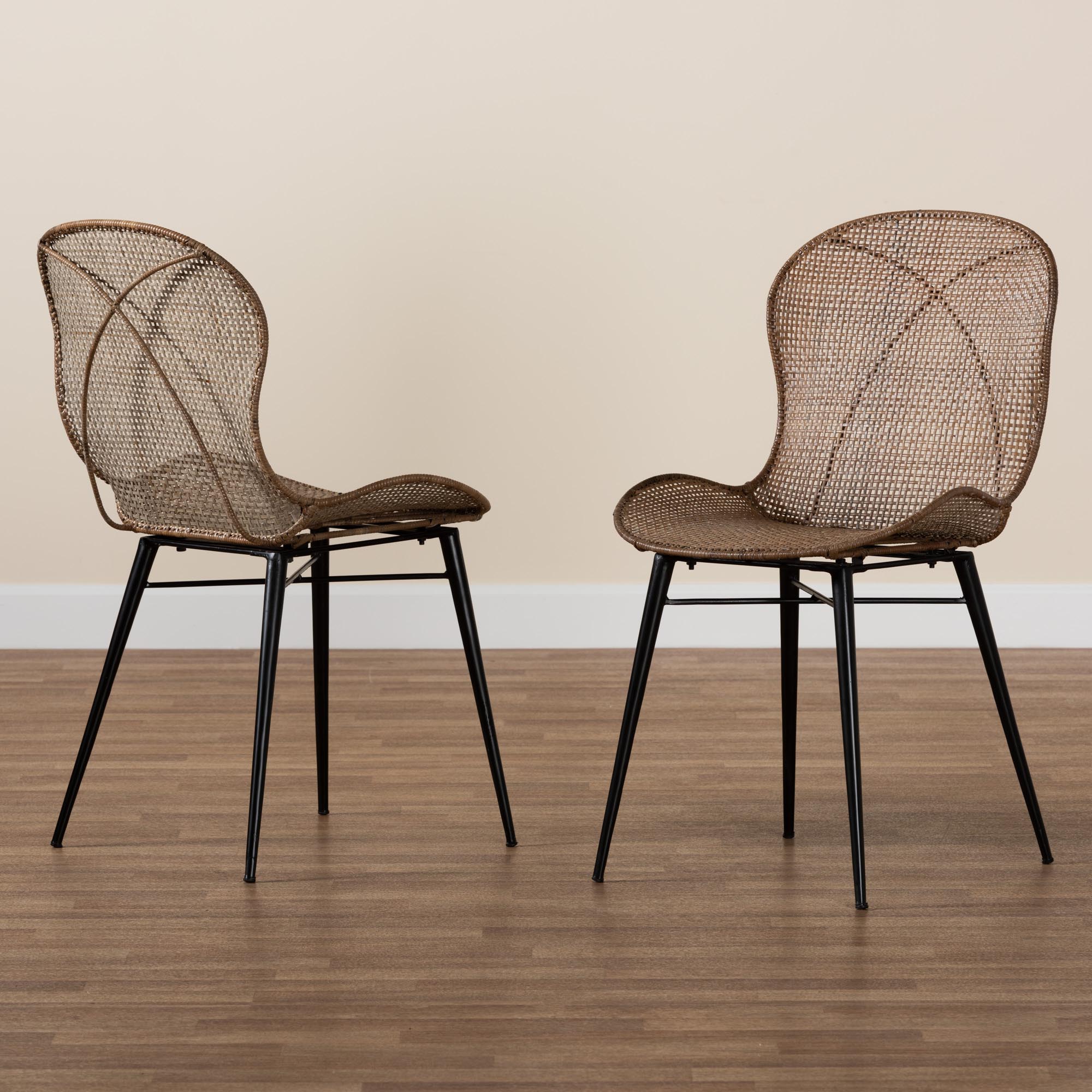 bali & pari Sabelle Japandi Greywashed Rattan and Black Metal 2-Piece Dining Chair Set