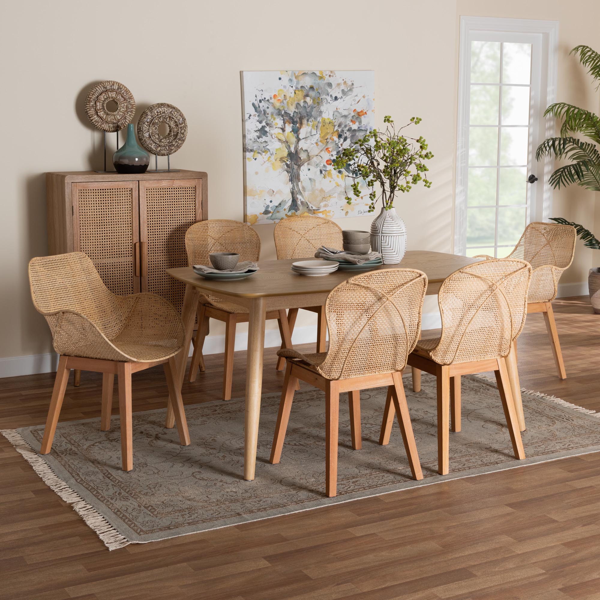 Baxton Studio Emmali Modern Bohemian Natural Brown Finished Wood and Rattan 7-Piece Dining Set