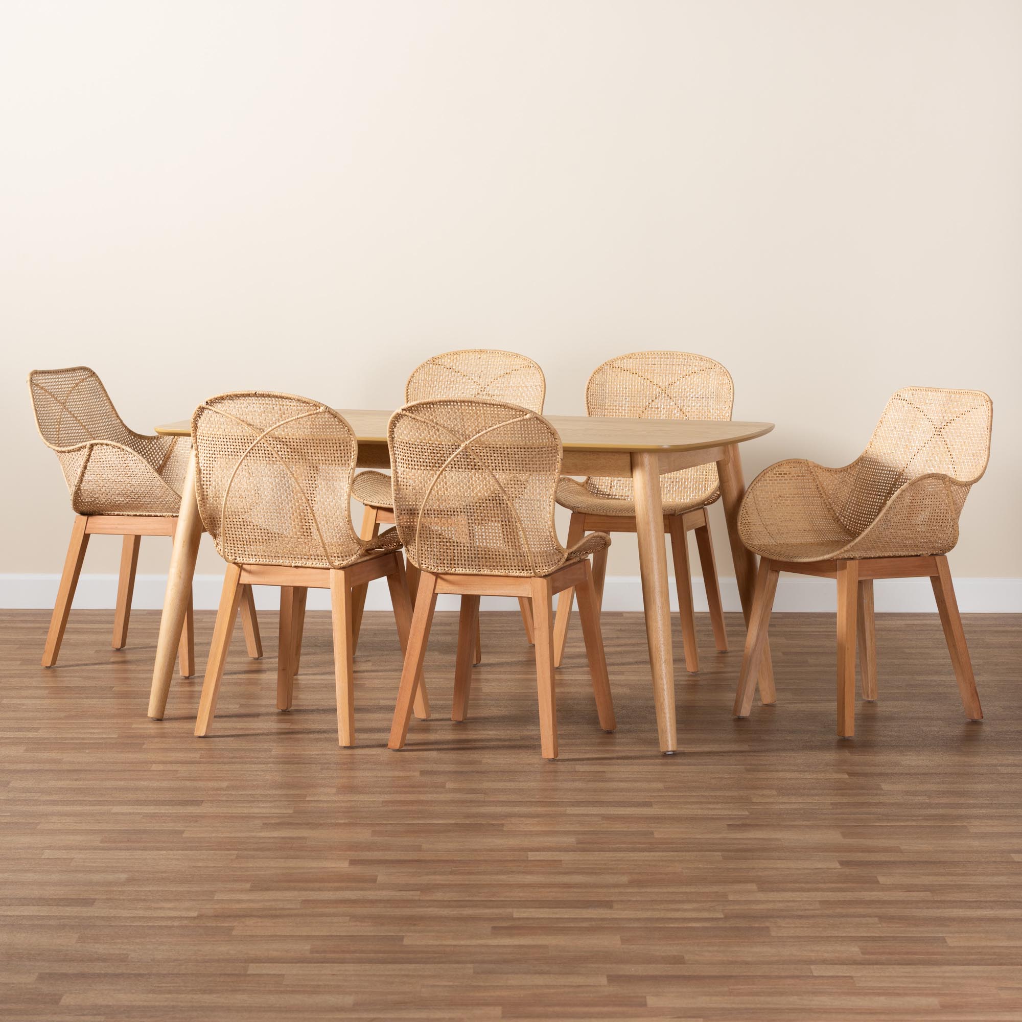 Baxton Studio Emmali Modern Bohemian Natural Brown Finished Wood and Rattan 7-Piece Dining Set