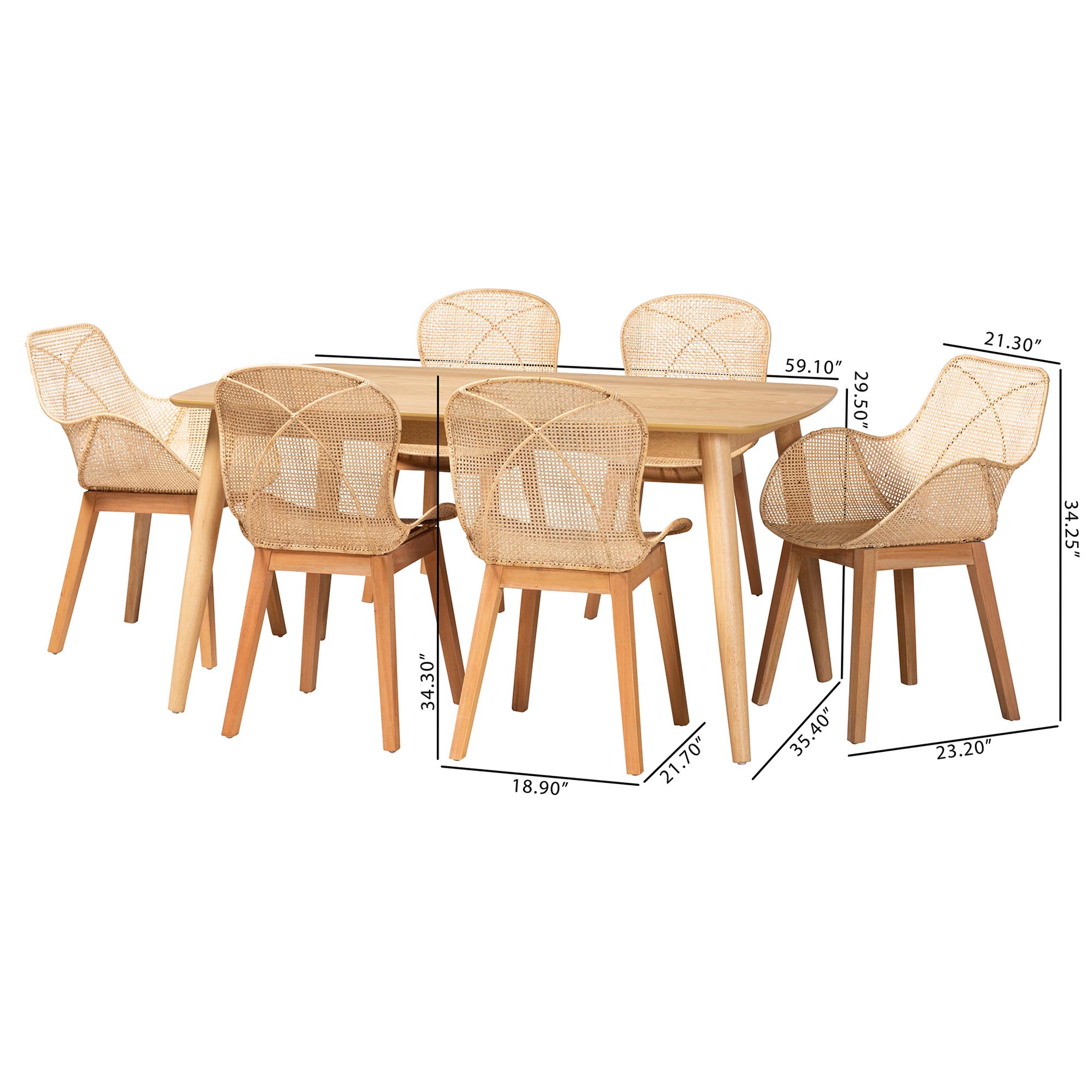 Baxton Studio Emmali Modern Bohemian Natural Brown Finished Wood and Rattan 7-Piece Dining Set