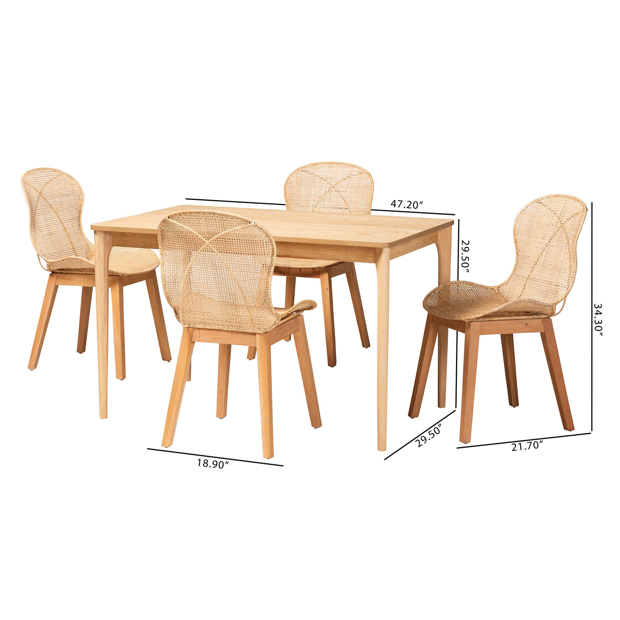 Baxton Studio Sabelle Japandi Natural Brown Mahogany Wood and Rattan 5-Piece Dining Set