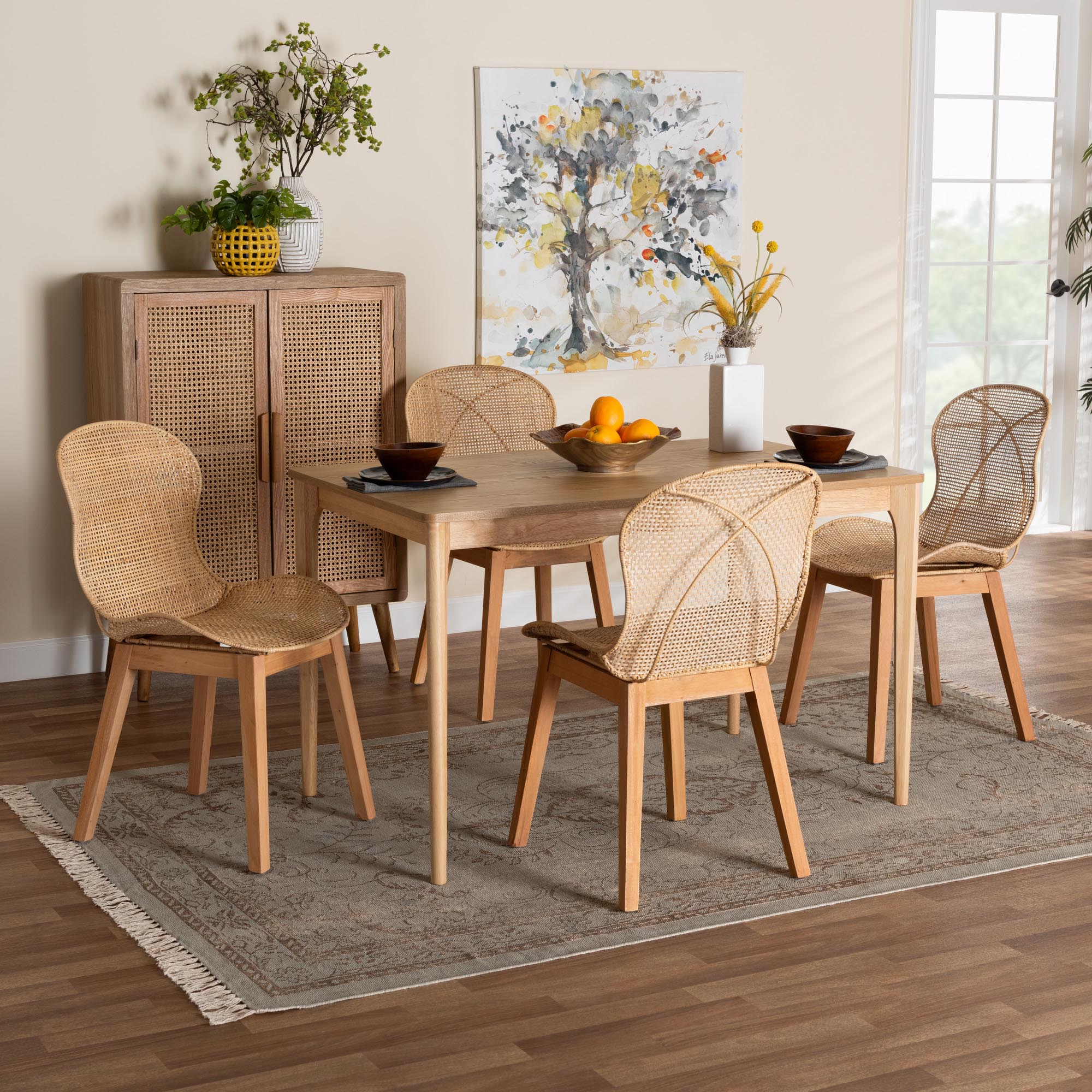 Baxton Studio Sabelle Japandi Natural Brown Mahogany Wood and Rattan 5-Piece Dining Set