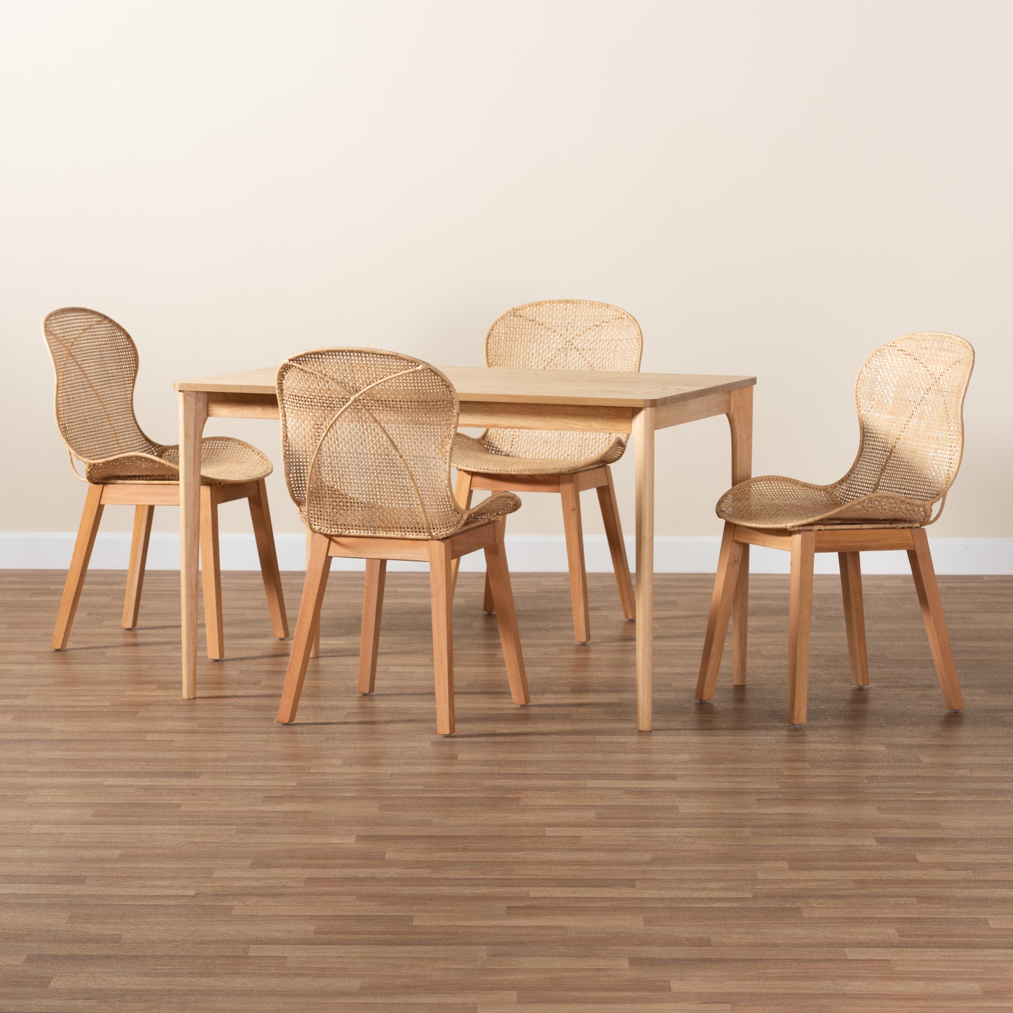 Baxton Studio Sabelle Japandi Natural Brown Mahogany Wood and Rattan 5-Piece Dining Set
