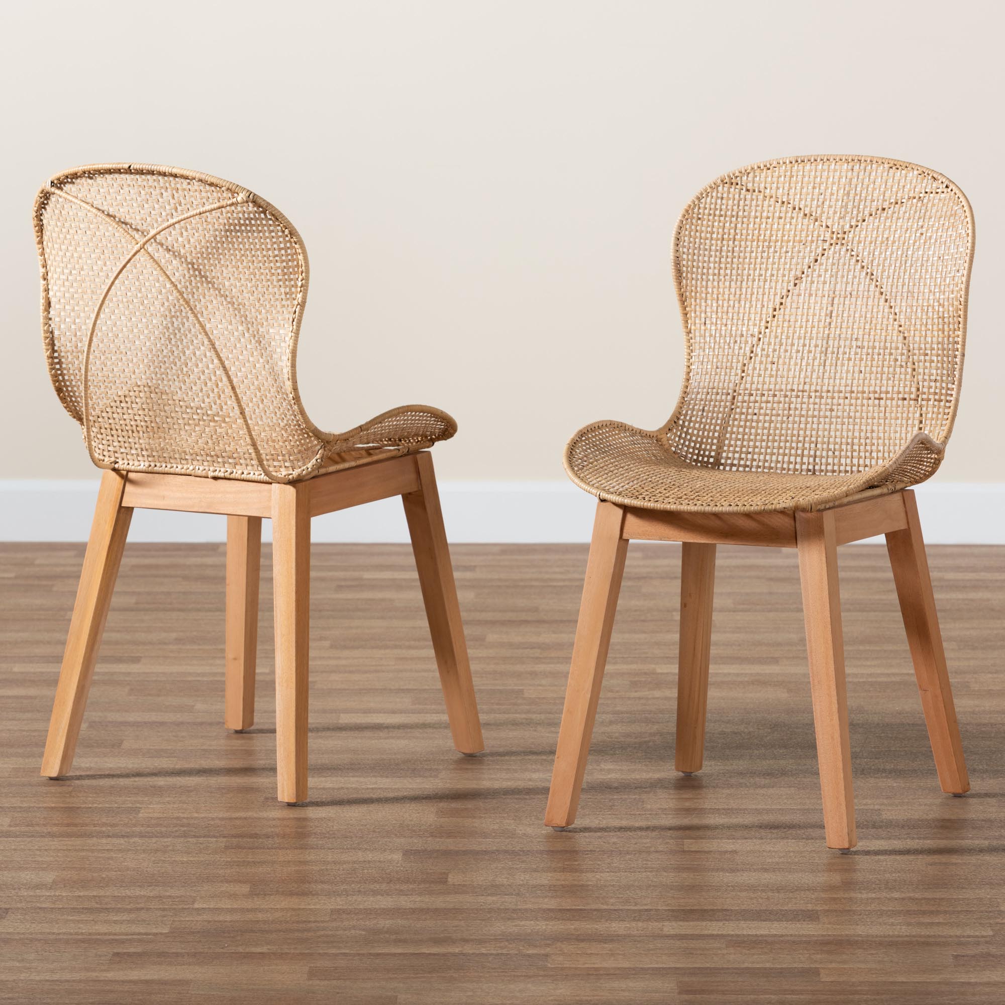 bali & pari Sabelle Japandi Natural Brown Mahogany and Rattan 2-Piece Dining Chair Set