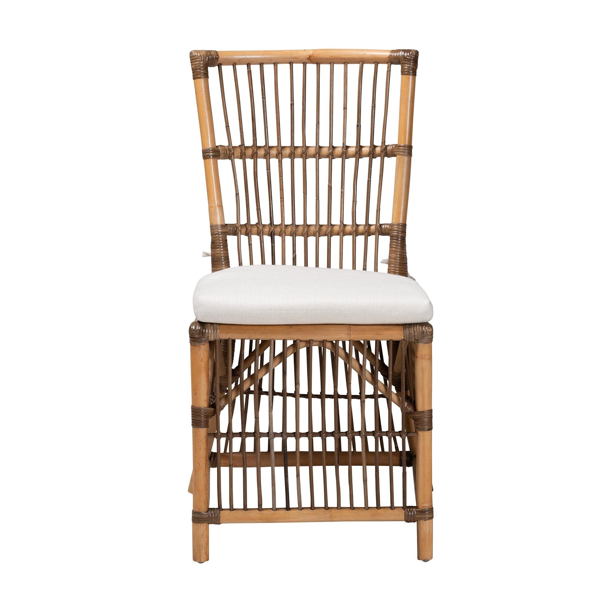 bali & pari Kim Modern Bohemian White Fabric and Natural Brown Rattan Dining Chair