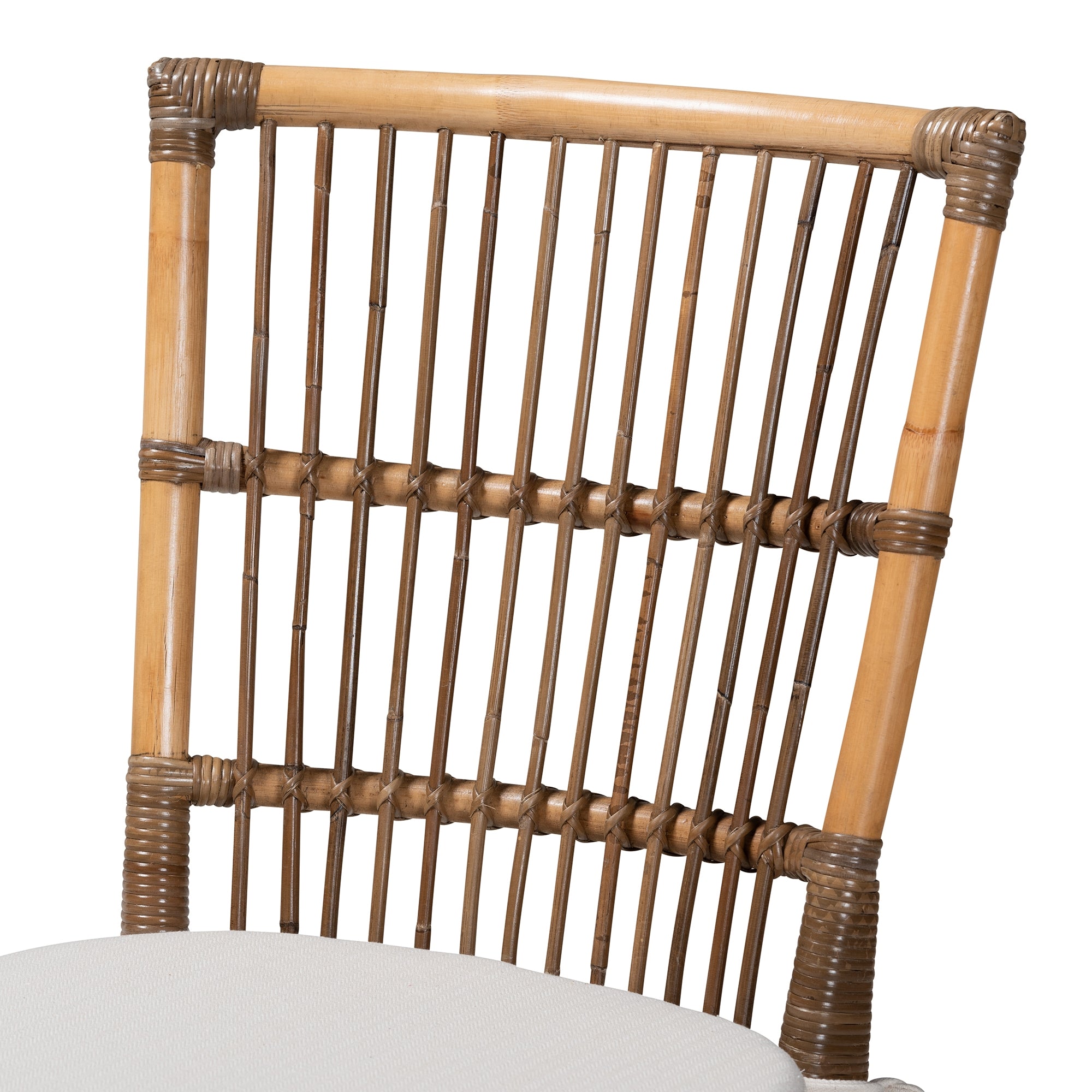 bali & pari Kim Modern Bohemian White Fabric and Natural Brown Rattan Dining Chair