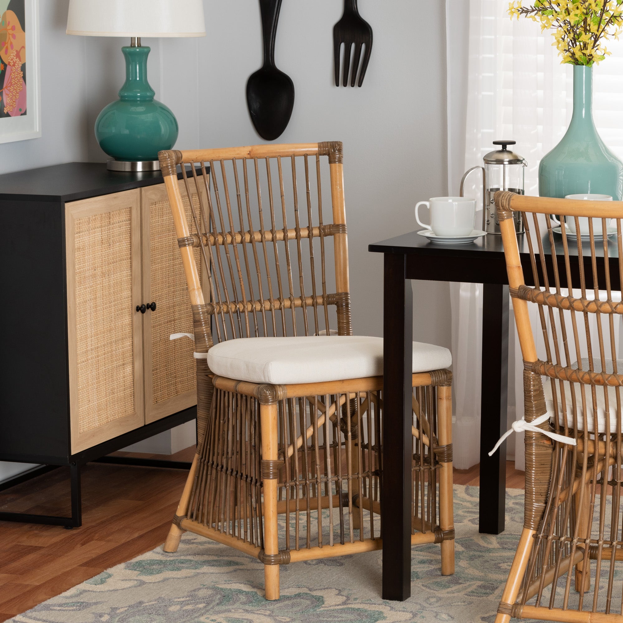 bali & pari Kim Modern Bohemian White Fabric and Natural Brown Rattan Dining Chair