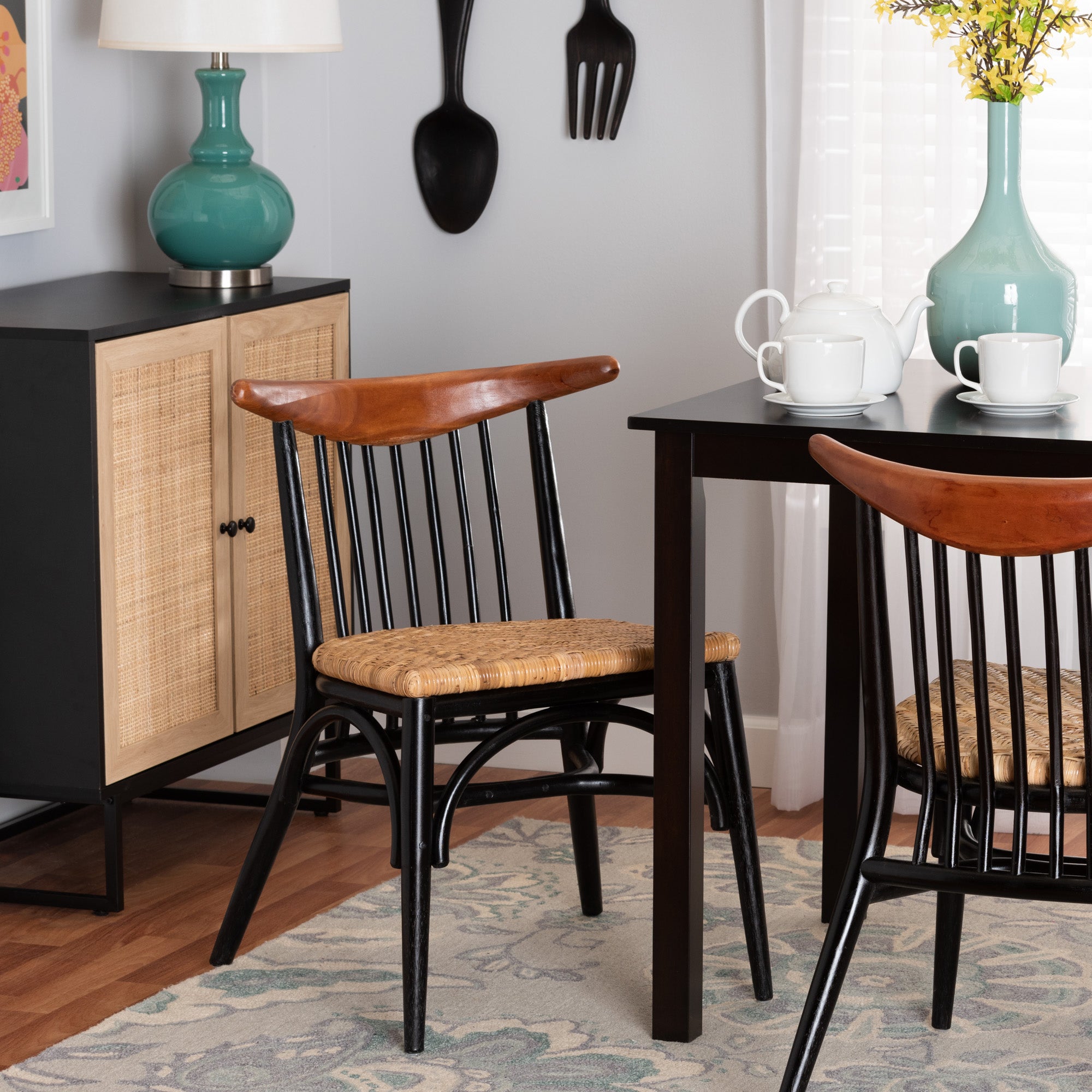 bali & pari Parthenia Mid-Century Modern Two-Tone Black and Walnut Brown Finished Mahogany Wood and Natural Rattan Dining Chair