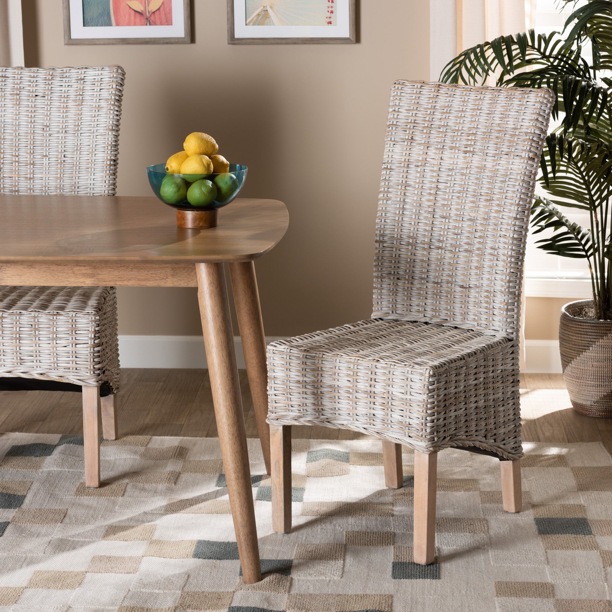 bali & pari Trianna Rustic Transitional Whitewashed Rattan and Natural Brown Finished Wood Dining Chair
