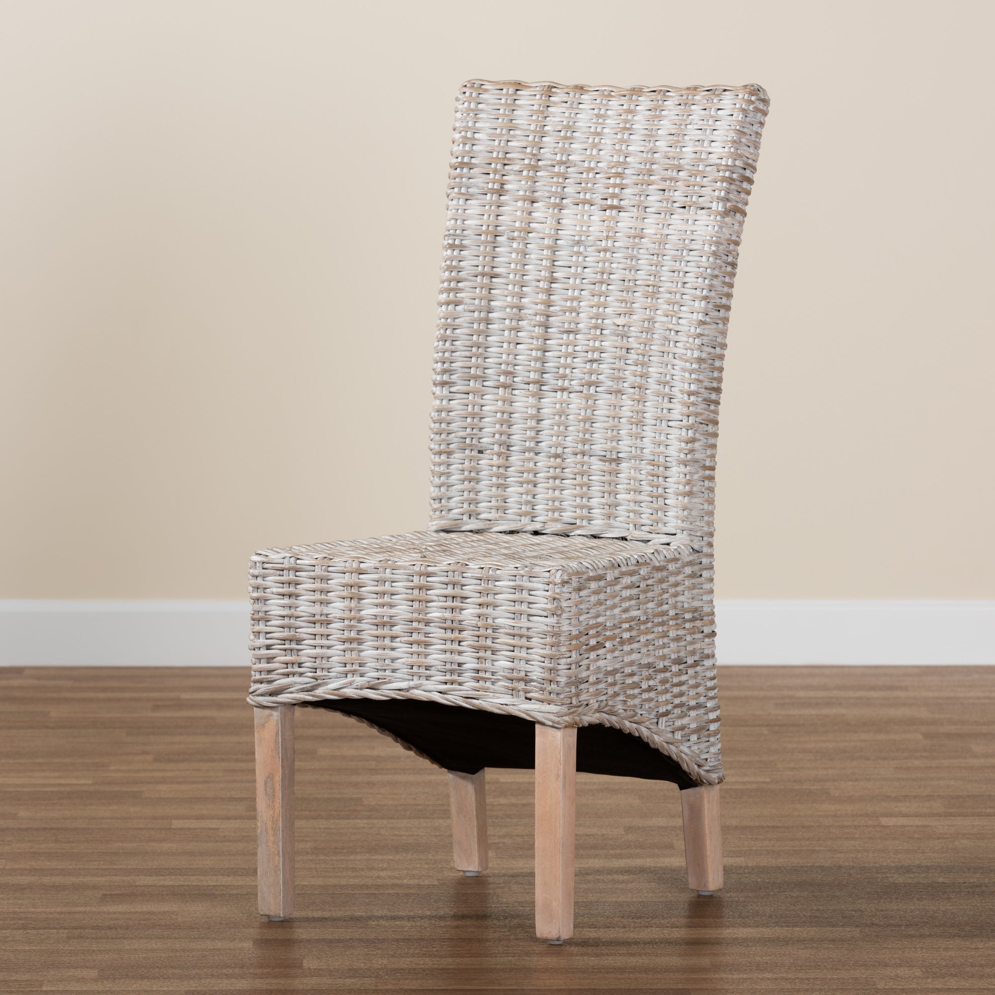 bali & pari Trianna Rustic Transitional Whitewashed Rattan and Natural Brown Finished Wood Dining Chair