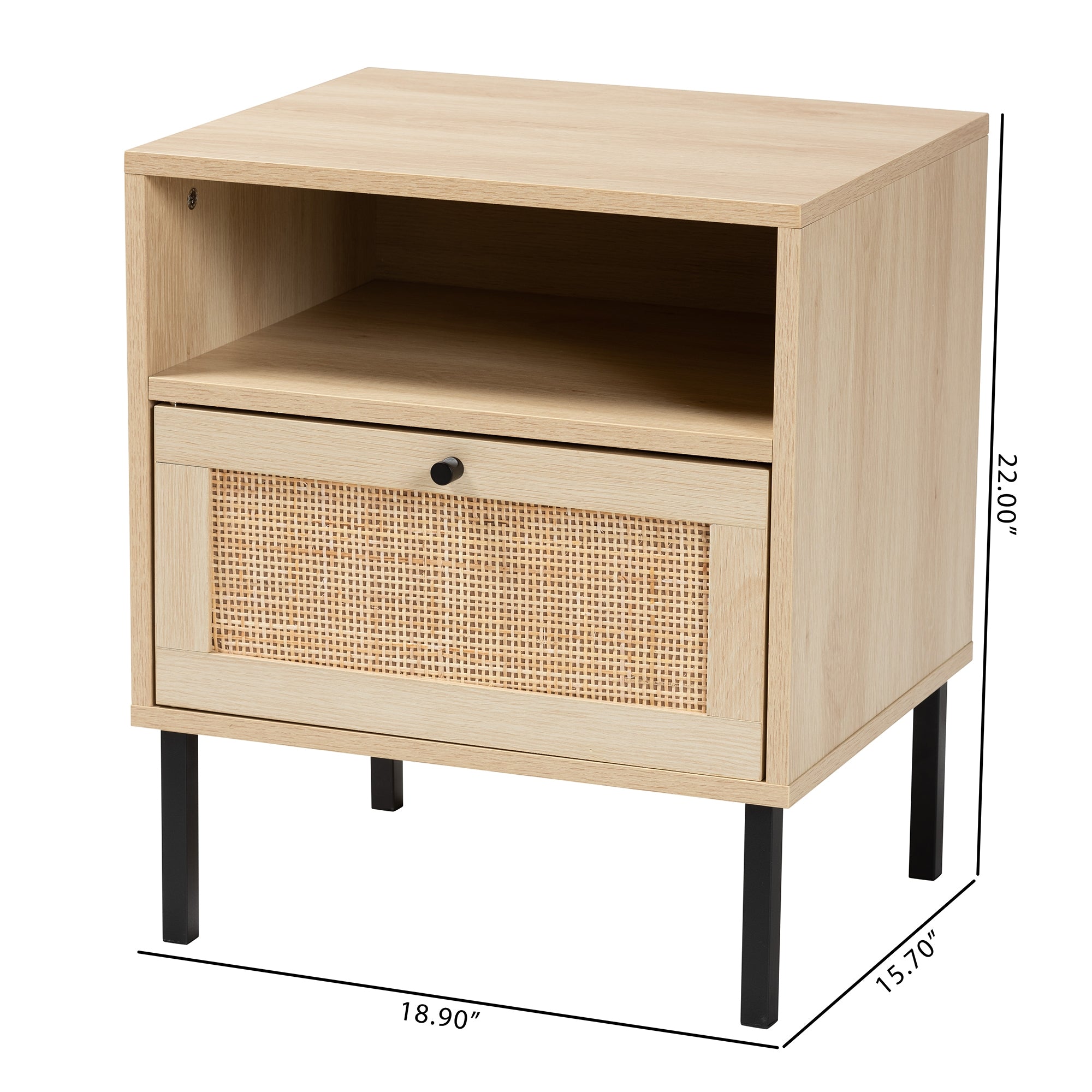 Baxton Studio Caterina Mid-Century Modern Transitional Natural Brown Finished Wood and Natural Rattan 1-Door End Table