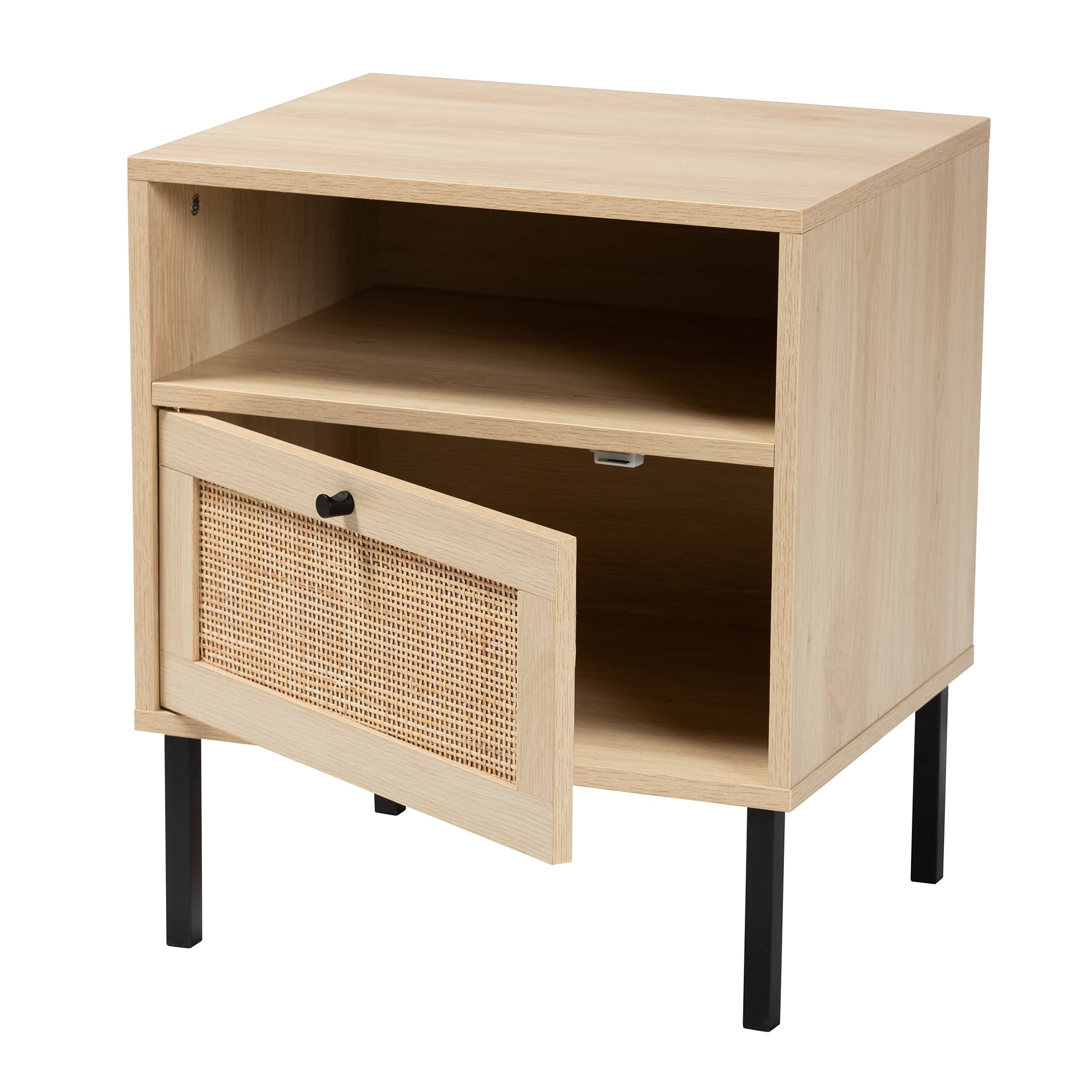 Baxton Studio Caterina Mid-Century Modern Transitional Natural Brown Finished Wood and Natural Rattan 1-Door End Table