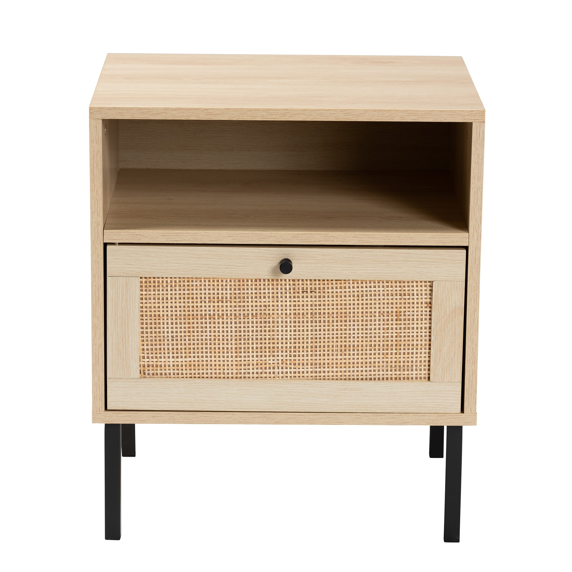 Baxton Studio Caterina Mid-Century Modern Transitional Natural Brown Finished Wood and Natural Rattan 1-Door End Table
