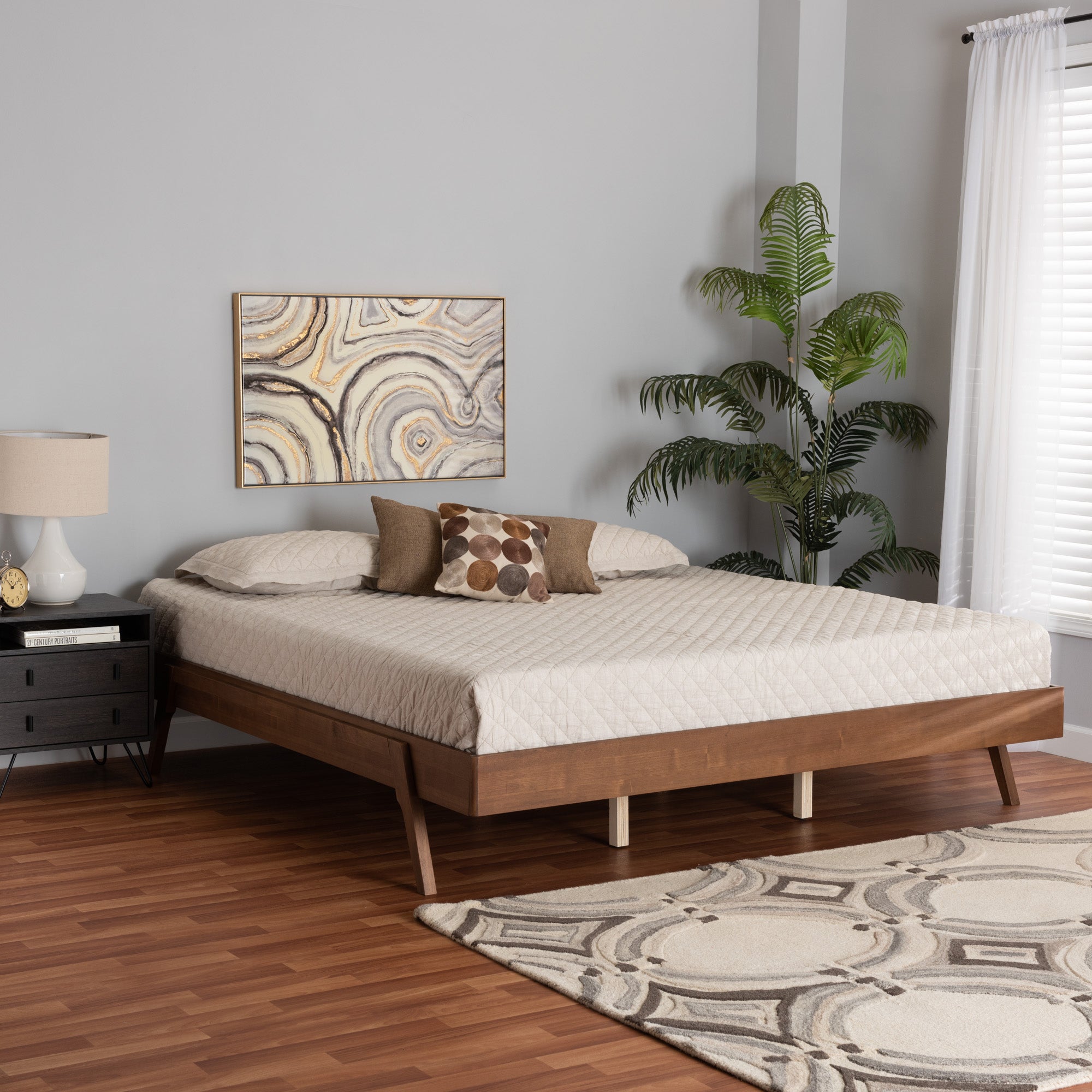 Baxton Studio Sarita Mid-Century Modern Ash Walnut Finished Wood Queen Size Bed Frame