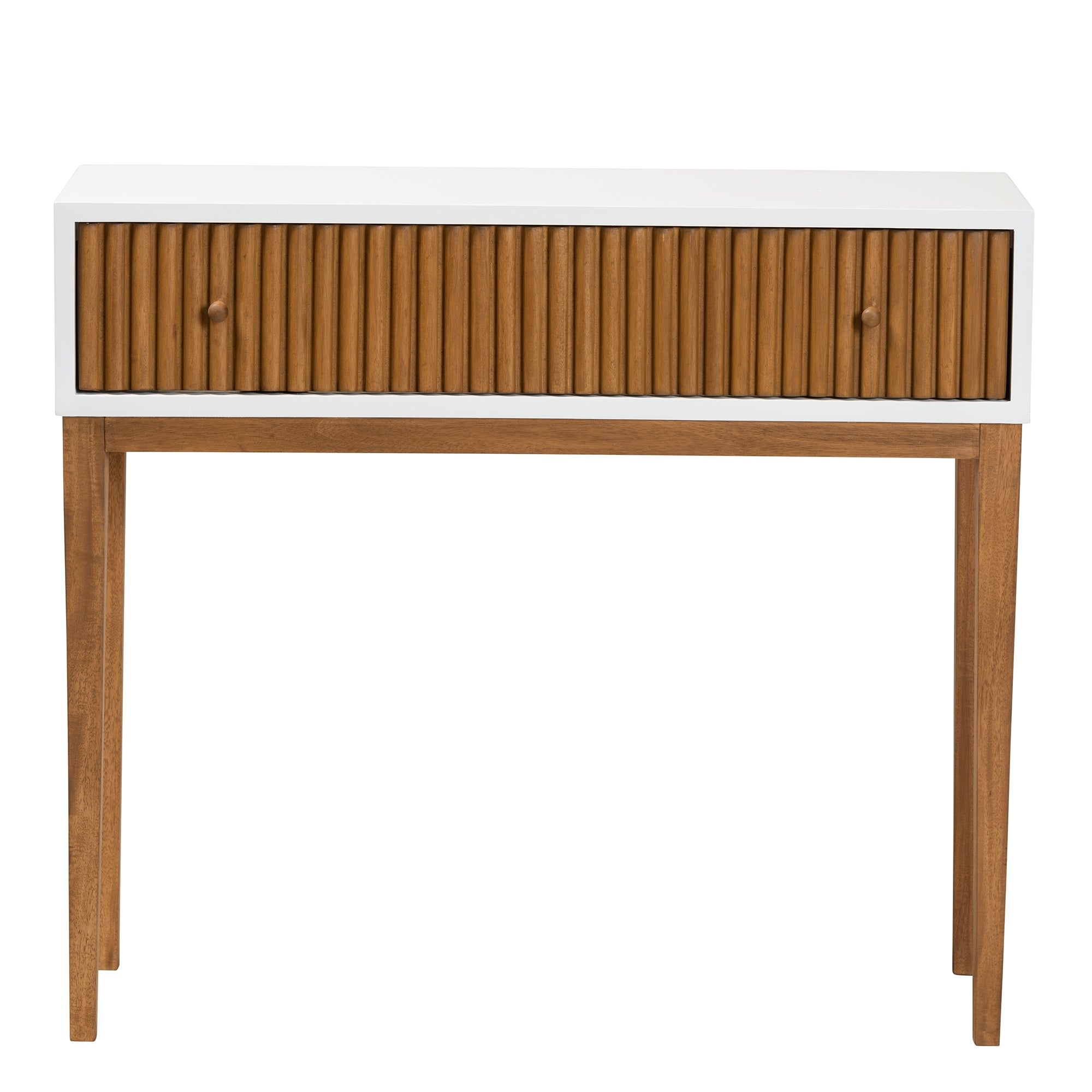 bali & pari Odile Mid-Century Modern Two-Tone Natural Brown and White Bayur Wood 1-Drawer Console Table