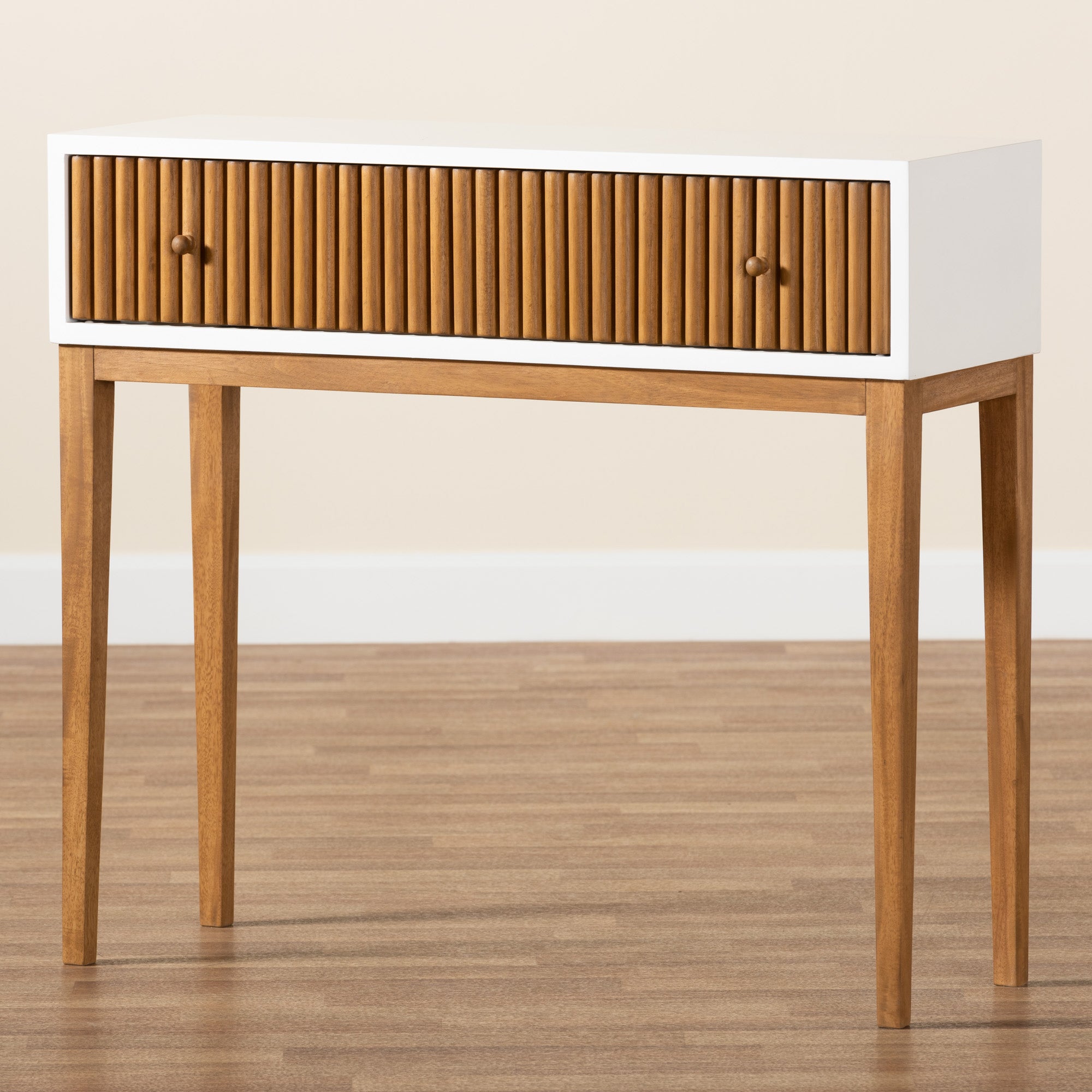 bali & pari Odile Mid-Century Modern Two-Tone Natural Brown and White Bayur Wood 1-Drawer Console Table