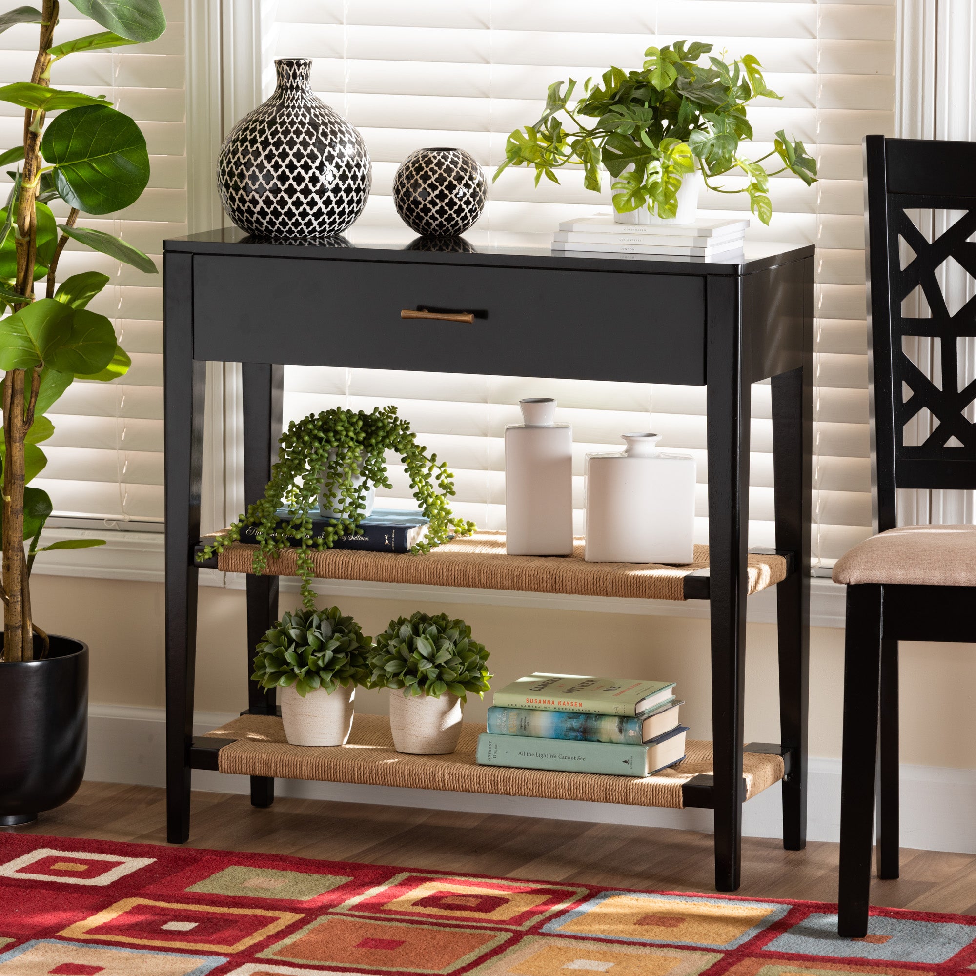 bali & pari Freya Modern Bohemian Black Finished Bayur Wood 1-Drawer Console Table