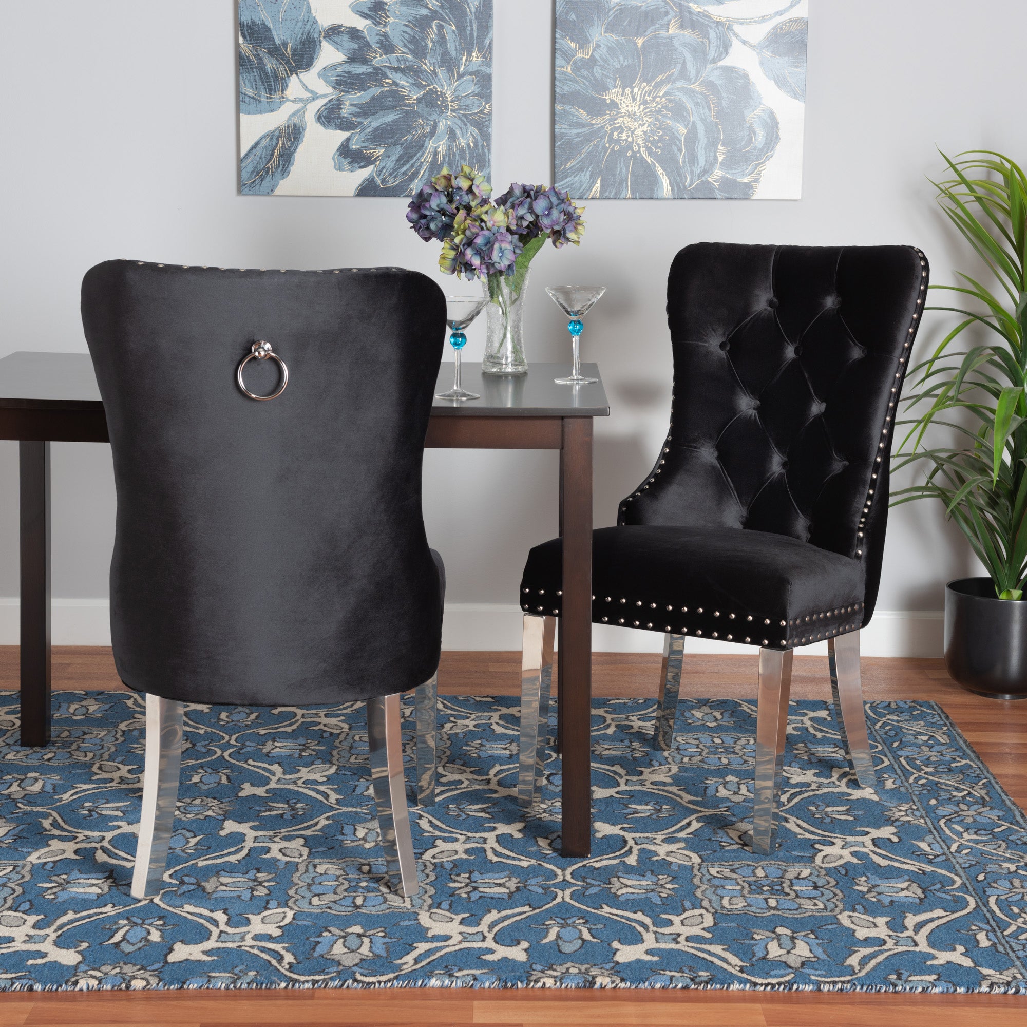 Baxton Studio Honora Contemporary Glam and Luxe Black Velvet Fabric and Silver Metal 2-Piece Dining Chair Set