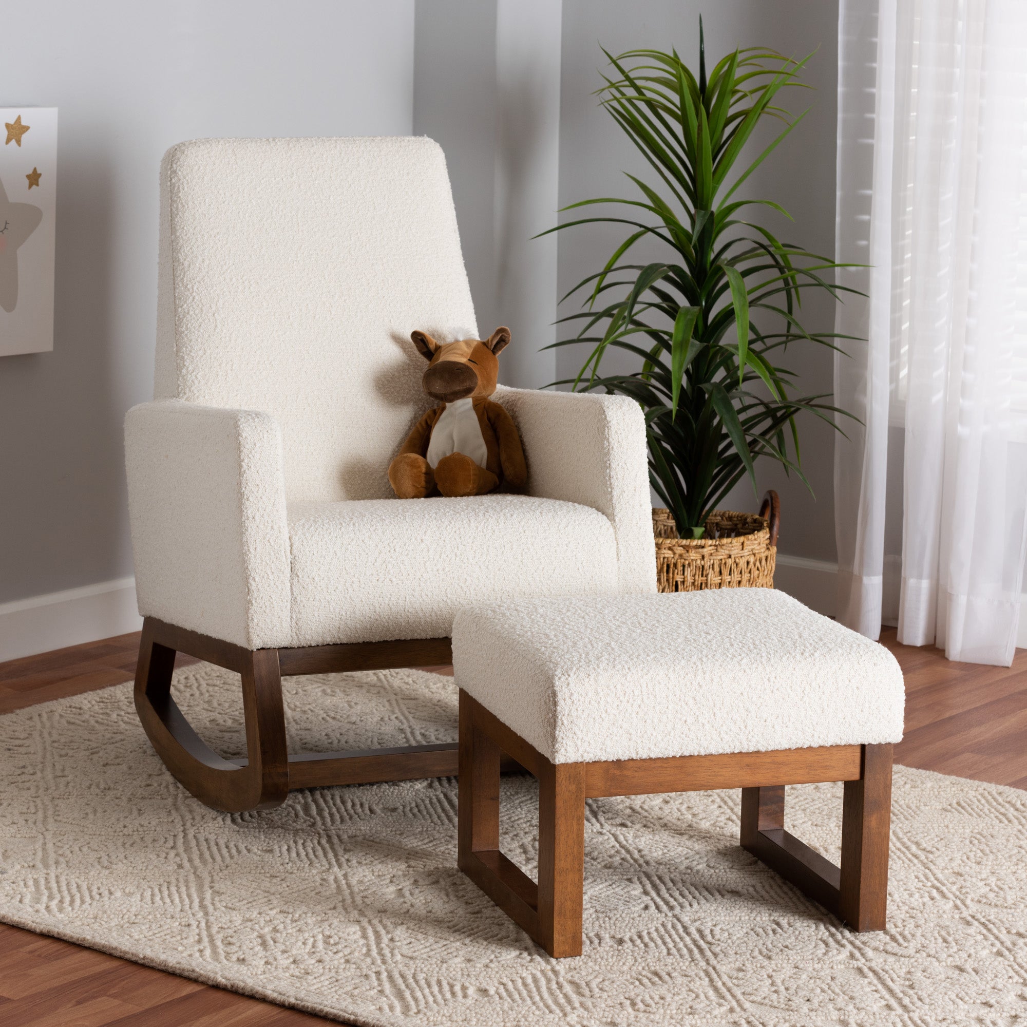 Baxton Studio Yashiya Mid-Century Modern Off-White Boucle Upholstered and Walnut Brown Finished Wood 2-Piece Rocking Chair and Ottoman Set