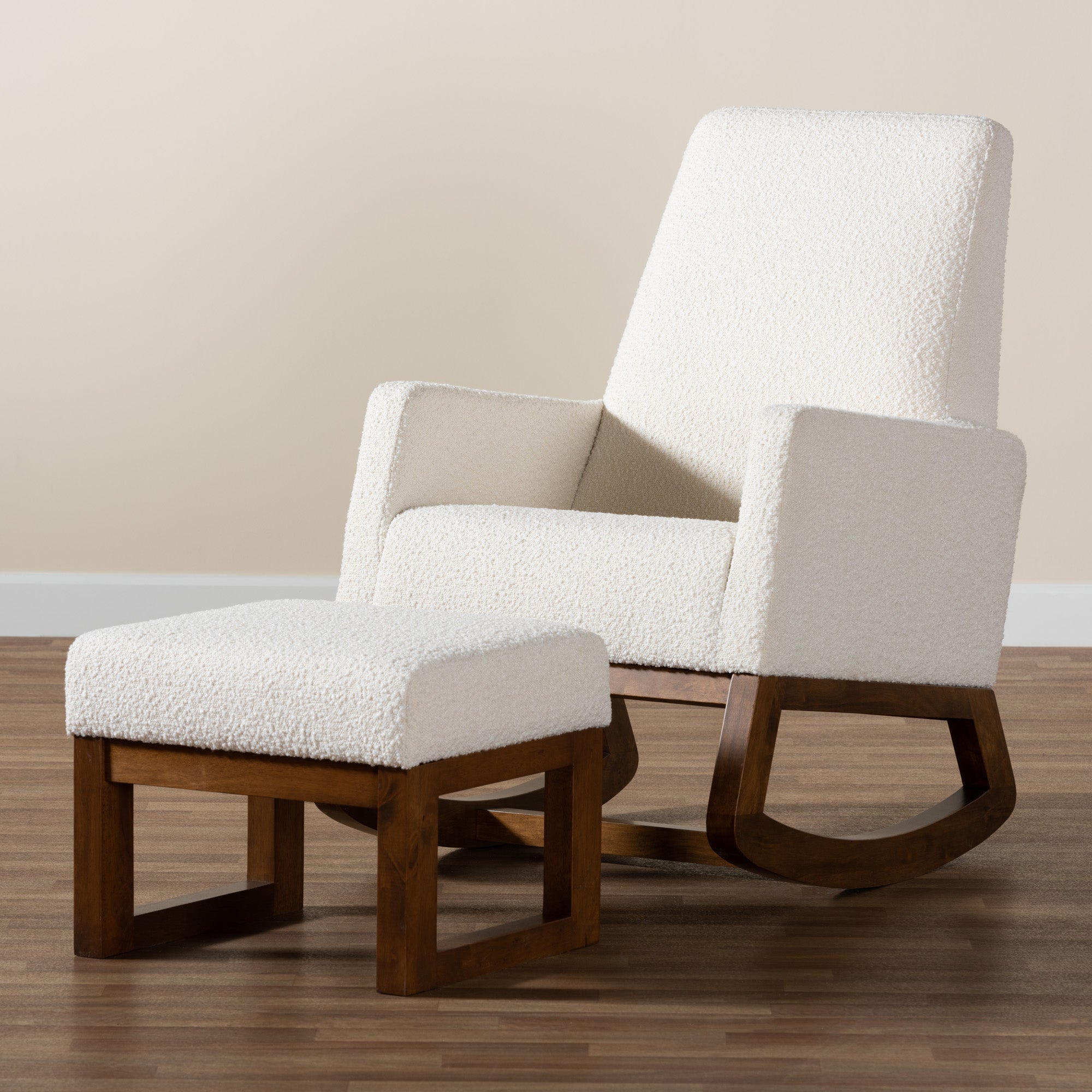 Baxton Studio Yashiya Mid-Century Modern Off-White Boucle Upholstered and Walnut Brown Finished Wood 2-Piece Rocking Chair and Ottoman Set