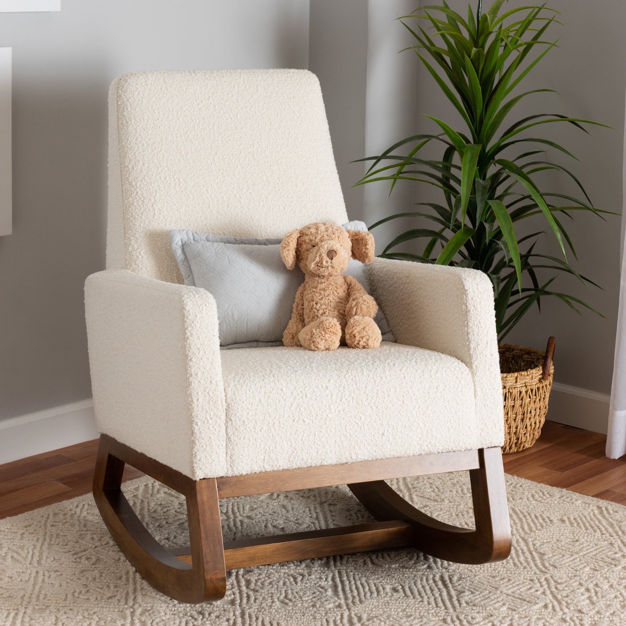 Baxton Studio Yashiya Mid-Century Modern Off-White Boucle Upholstered and Walnut Brown Finished Wood Rocking Chair