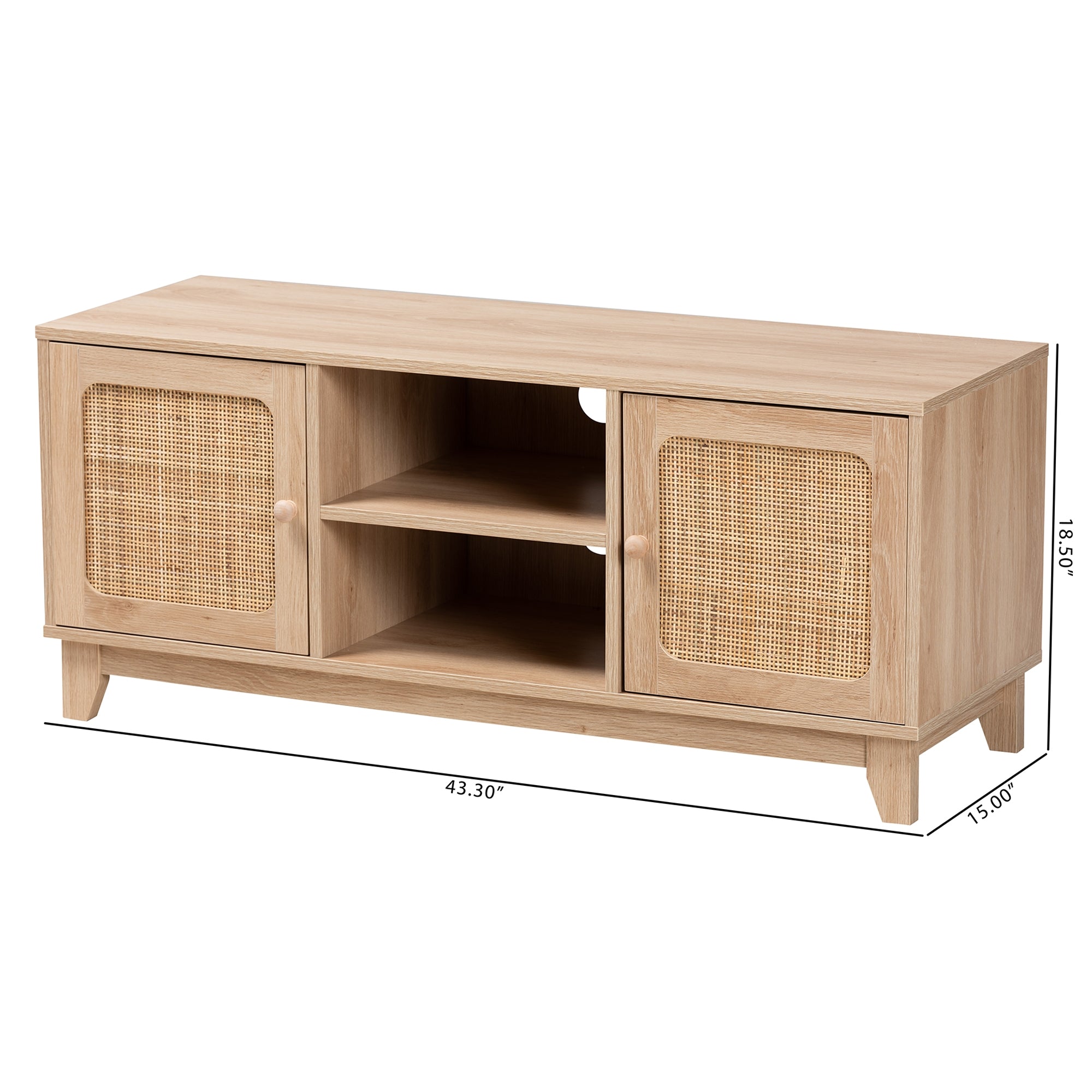 Baxton Studio Elsbeth Mid-Century Modern Light Brown Finished Wood and Natural Rattan 2-Door TV Stand