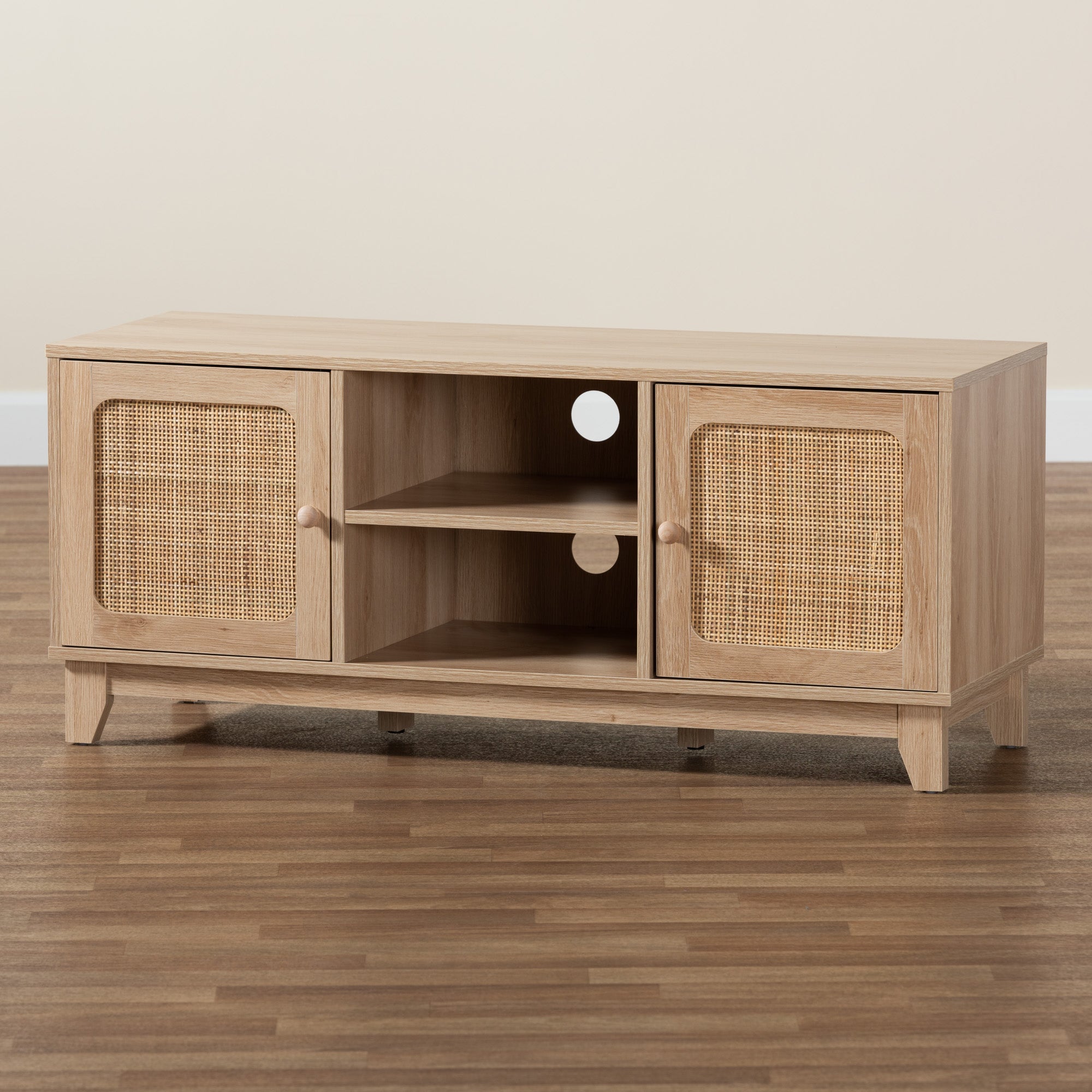 Baxton Studio Elsbeth Mid-Century Modern Light Brown Finished Wood and Natural Rattan 2-Door TV Stand