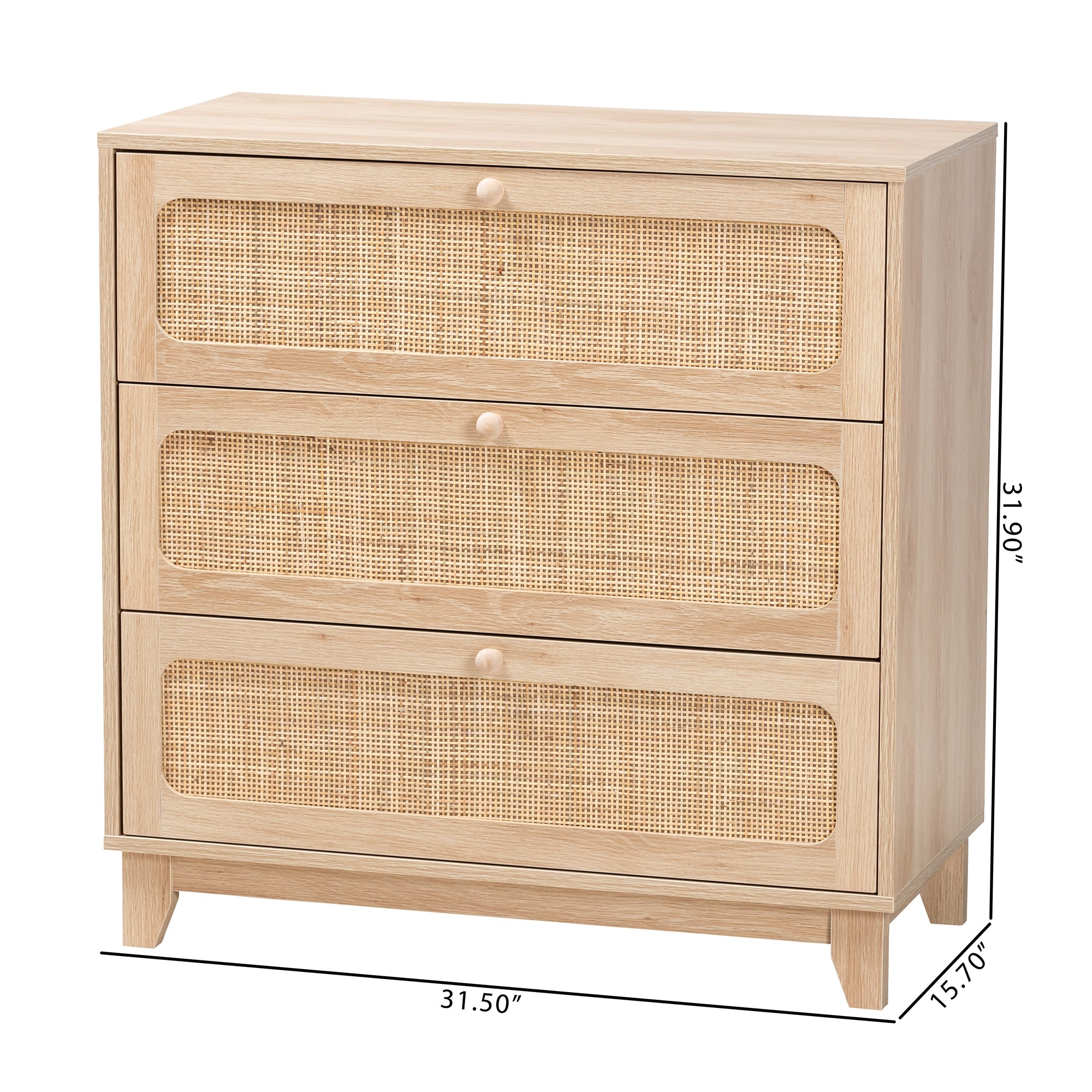 Baxton Studio Elsbeth Japandi Oak Brown Finished Wood and Natural Rattan 3-Drawer Storage Cabinet
