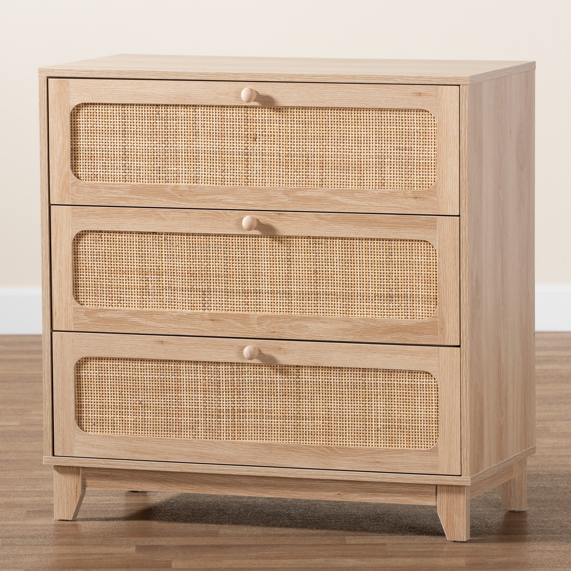Baxton Studio Elsbeth Japandi Oak Brown Finished Wood and Natural Rattan 3-Drawer Storage Cabinet