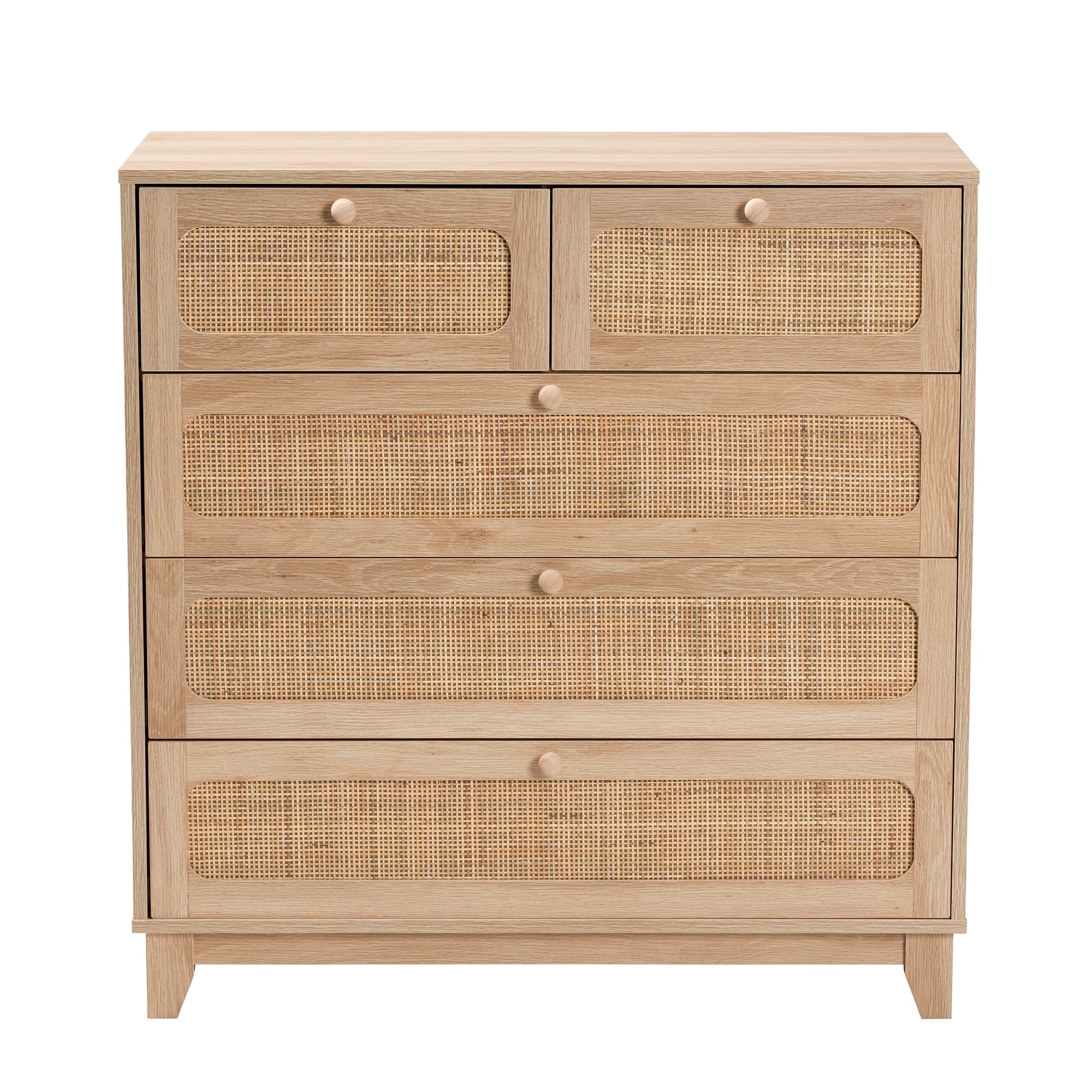 Baxton Studio Elsbeth Mid-Century Modern Oak Brown Finished Wood and Natural Rattan 5-Drawer Storage Cabinet