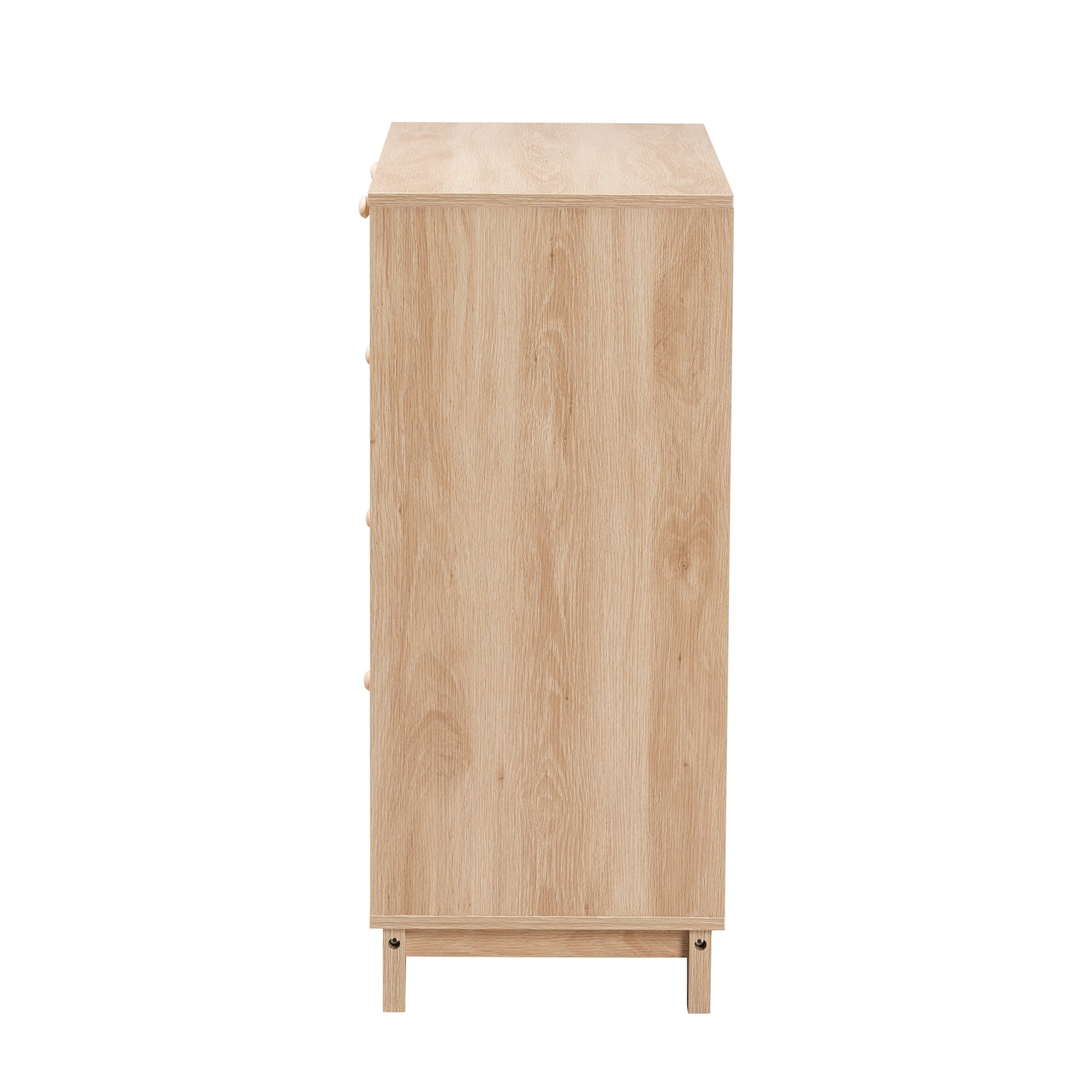 Baxton Studio Elsbeth Mid-Century Modern Oak Brown Finished Wood and Natural Rattan 5-Drawer Storage Cabinet