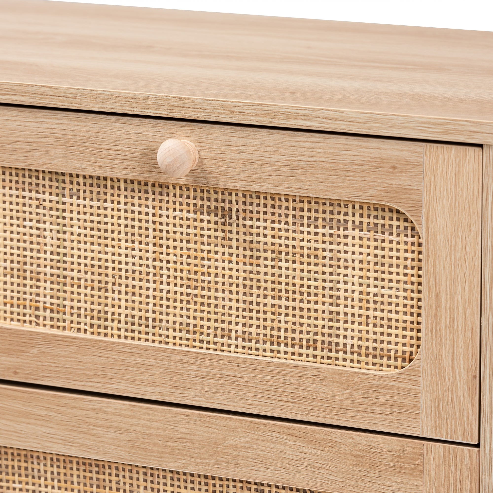 Baxton Studio Elsbeth Mid-Century Modern Oak Brown Finished Wood and Natural Rattan 5-Drawer Storage Cabinet