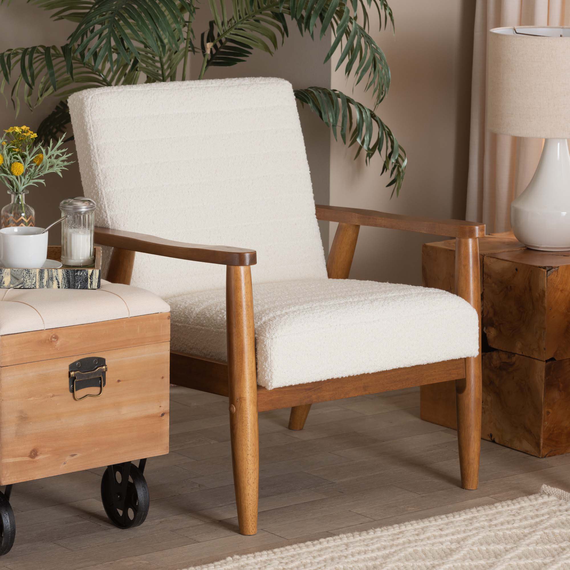 Baxton Studio Stratton Mid-Century Modern Cream Boucle Fabric and Walnut Brown Finished Wood Armchair