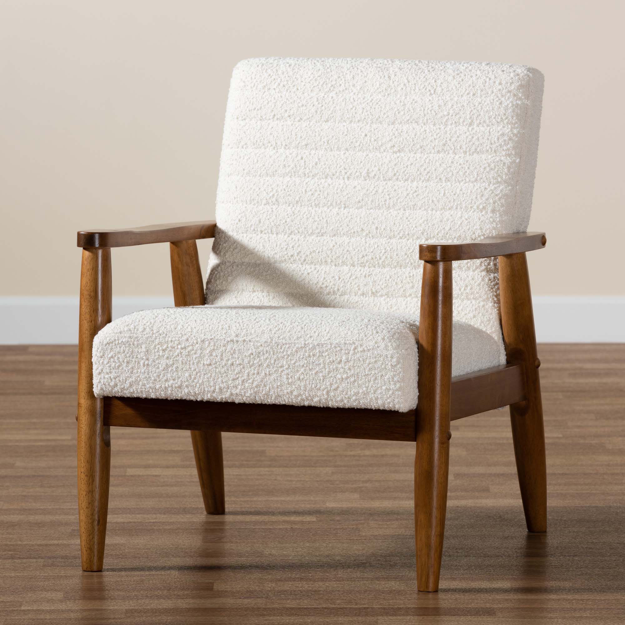 Baxton Studio Stratton Mid-Century Modern Cream Boucle Fabric and Walnut Brown Finished Wood Armchair