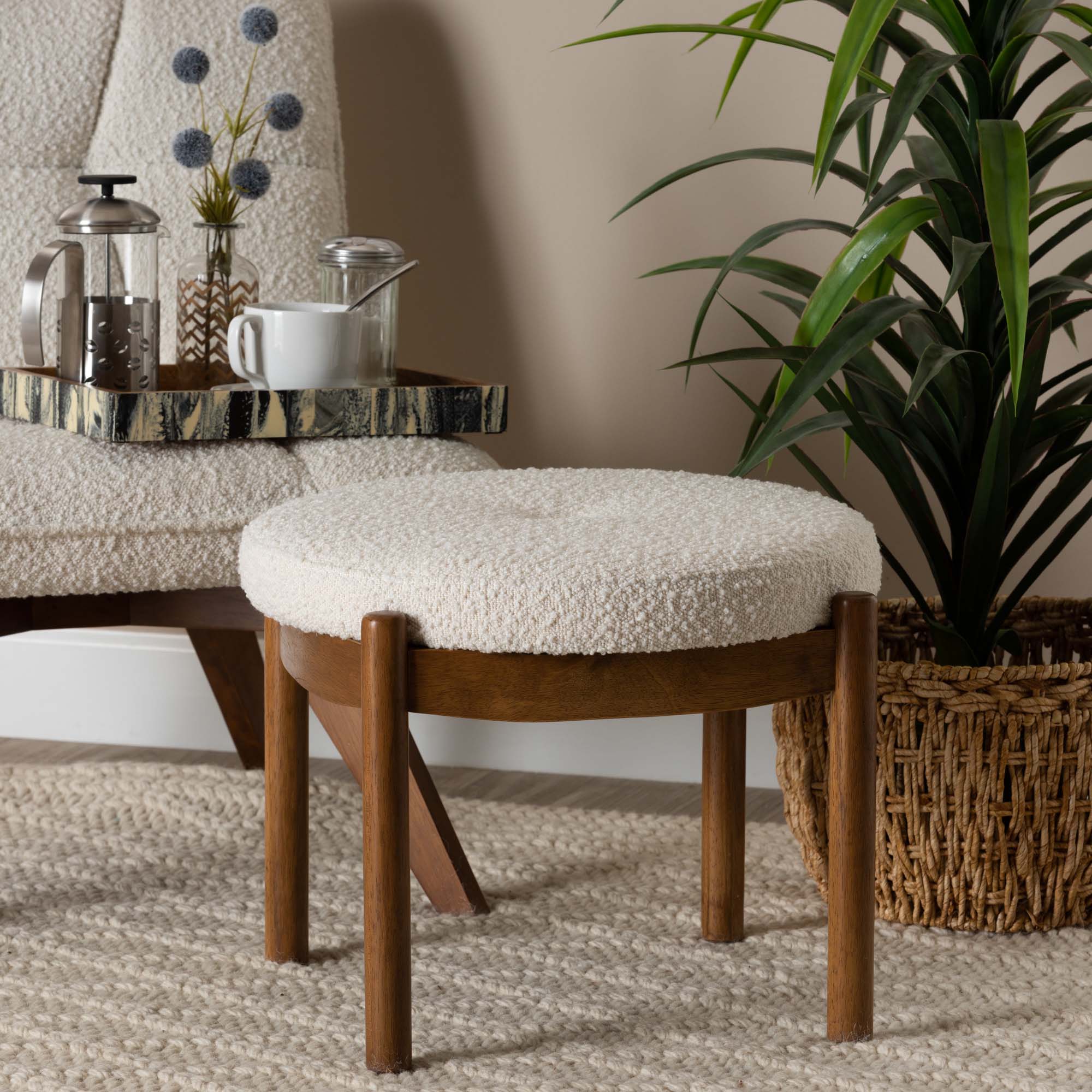Baxton Studio Iliana Japandi Cream Boucle Fabric and Walnut Brown Finished Rubberwood Ottoman Footstool