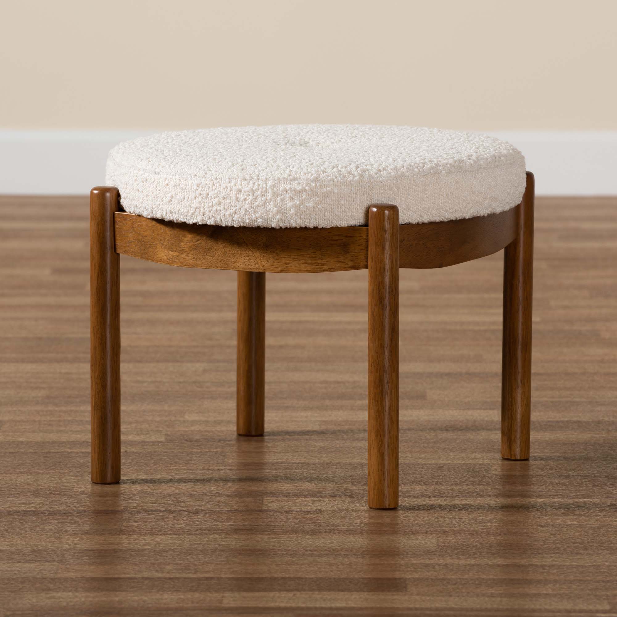Baxton Studio Iliana Japandi Cream Boucle Fabric and Walnut Brown Finished Rubberwood Ottoman Footstool