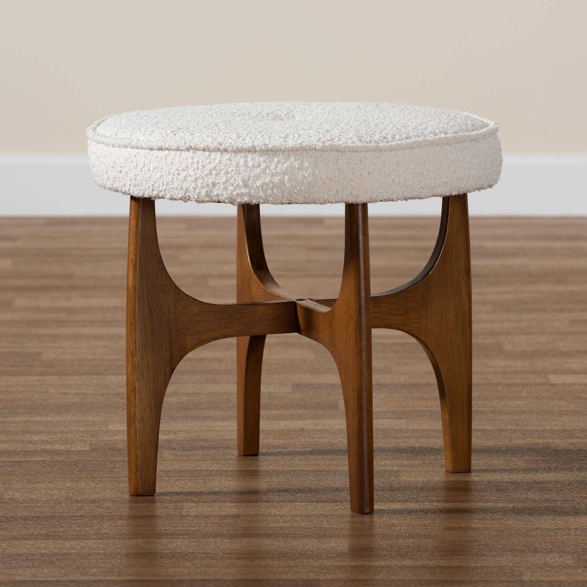 Baxton Studio Theo Japandi Cream Boucle Fabric and Walnut Brown Finished Rubberwood Ottoman Footstool