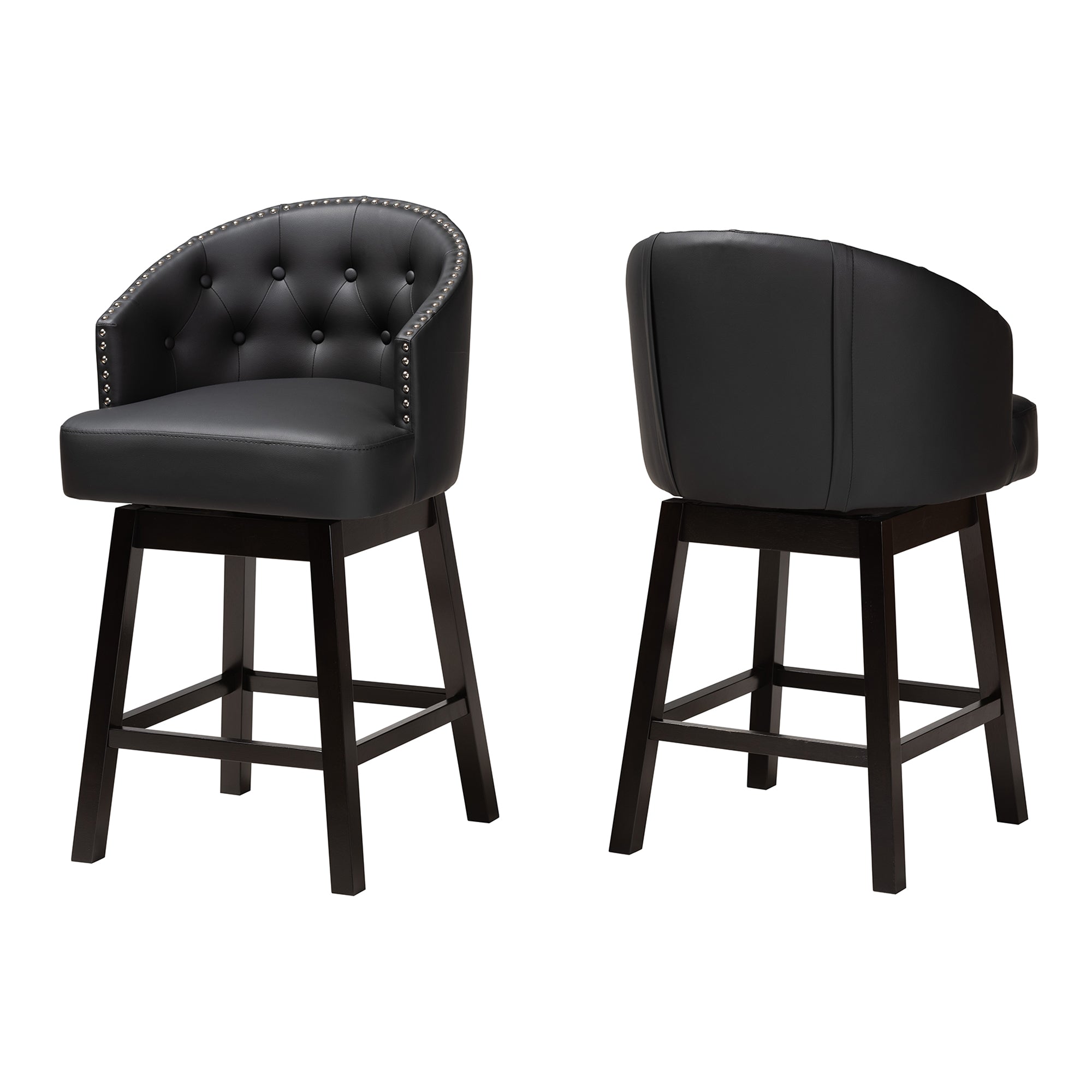 Baxton Studio Theron Mid-Century Transitional Black Faux Leather and Espresso Brown Finished Wood 2-Piece Swivel Counter Stool Set