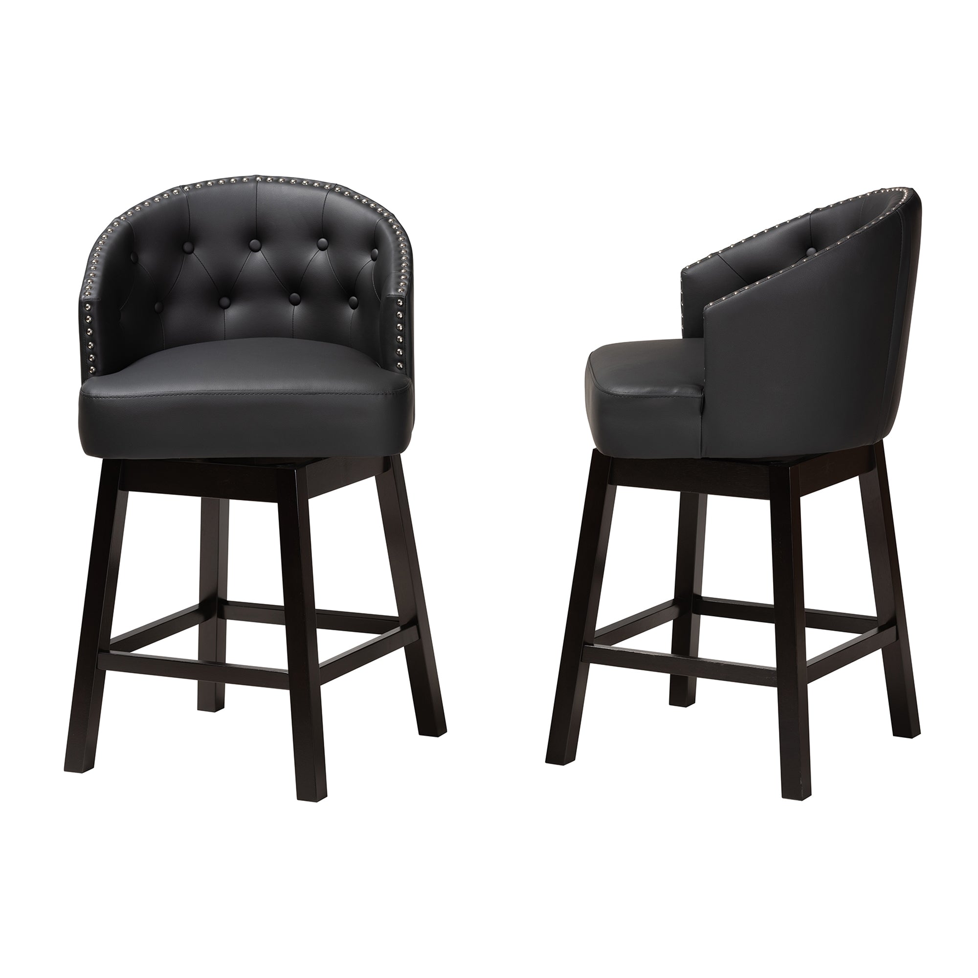 Baxton Studio Theron Mid-Century Transitional Black Faux Leather and Espresso Brown Finished Wood 2-Piece Swivel Counter Stool Set