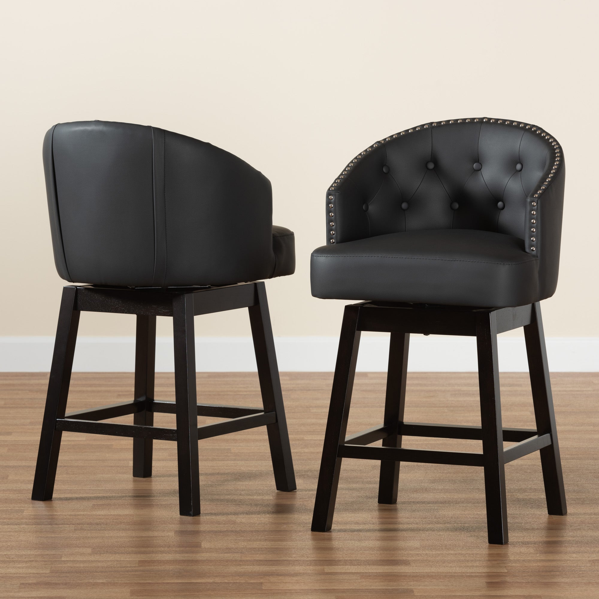Baxton Studio Theron Mid-Century Transitional Black Faux Leather and Espresso Brown Finished Wood 2-Piece Swivel Counter Stool Set